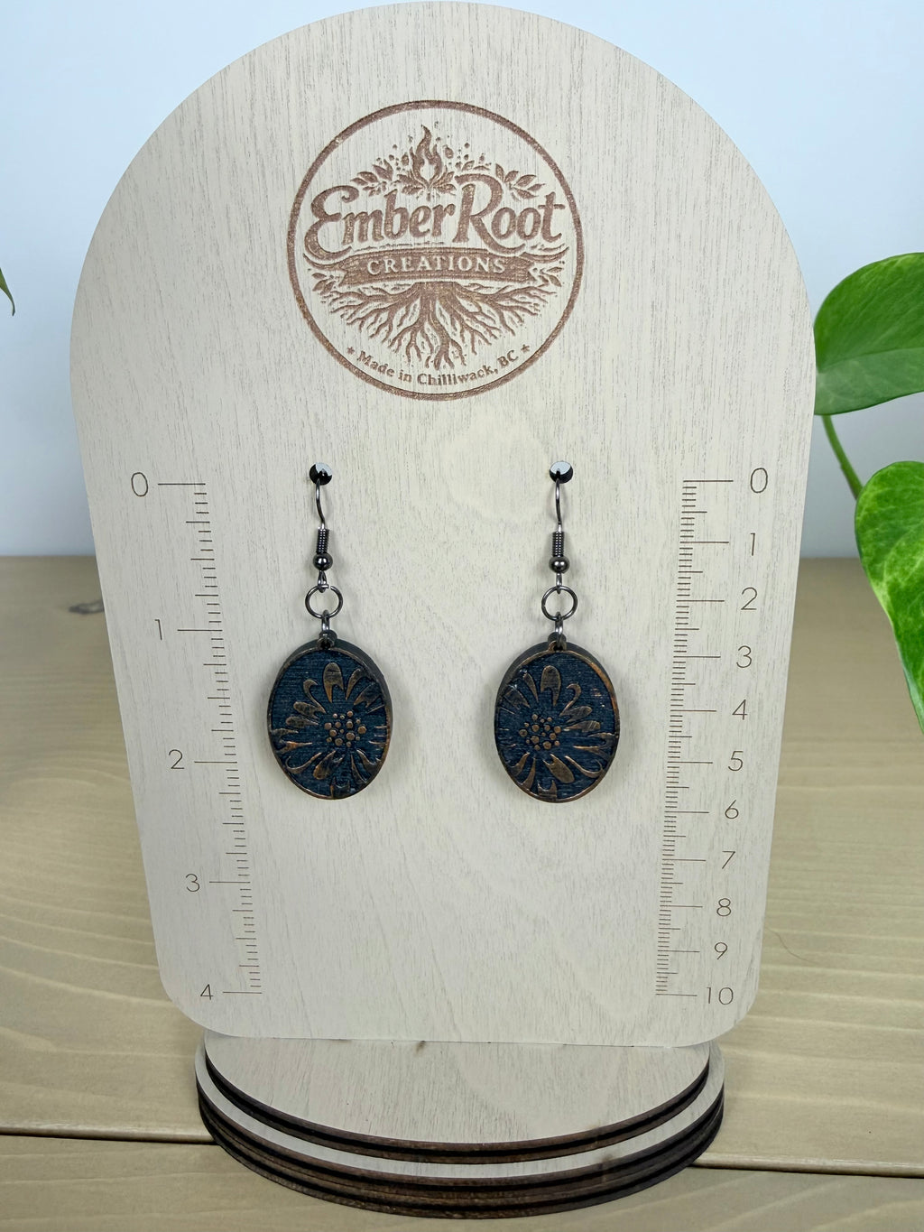 Botanical Oval Wood Earring - Metallic Finish