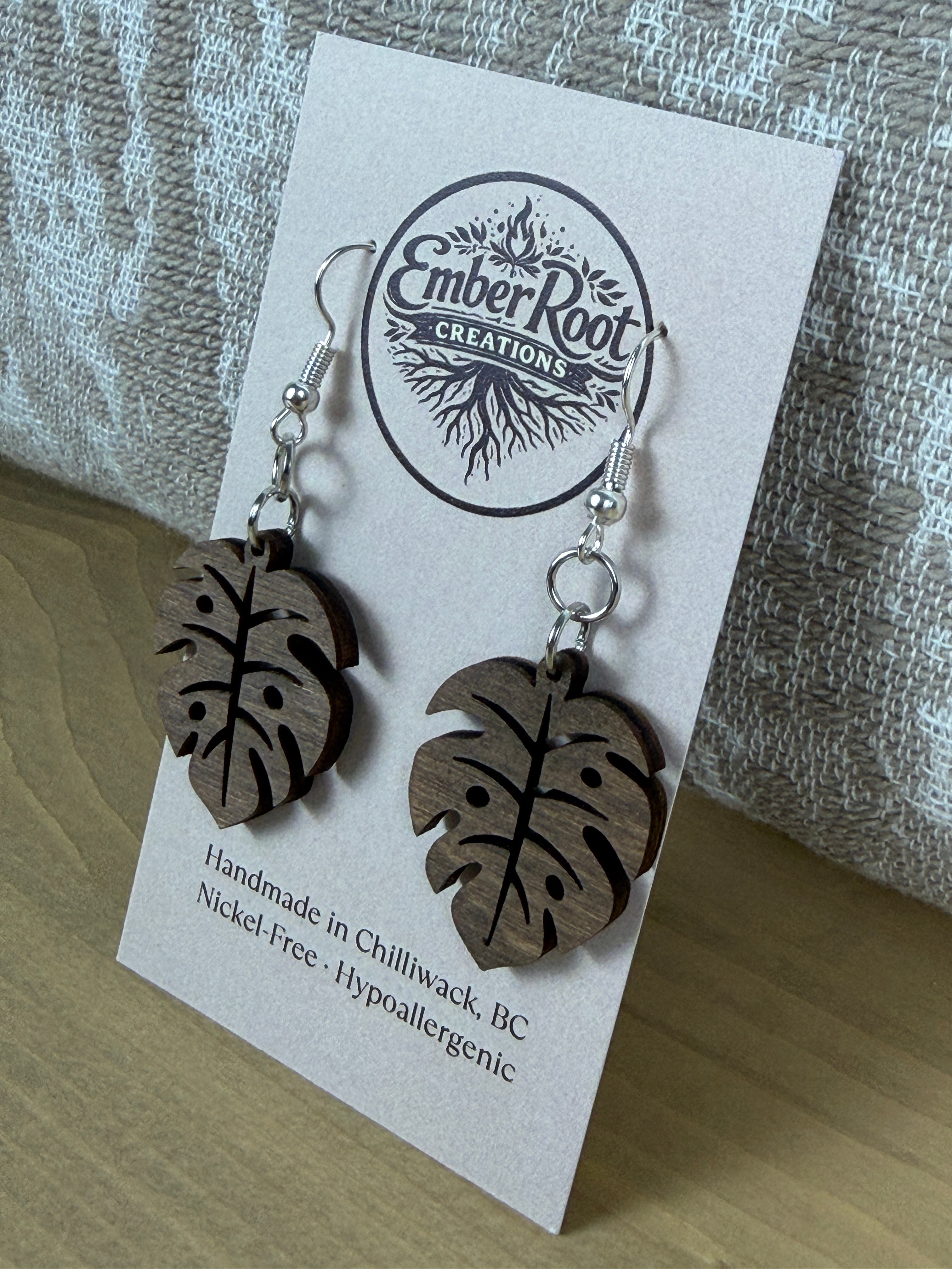 Botanical Wood Earrings: Monstera | Light, Dark & Green Stain | Gold or Silver Hardware