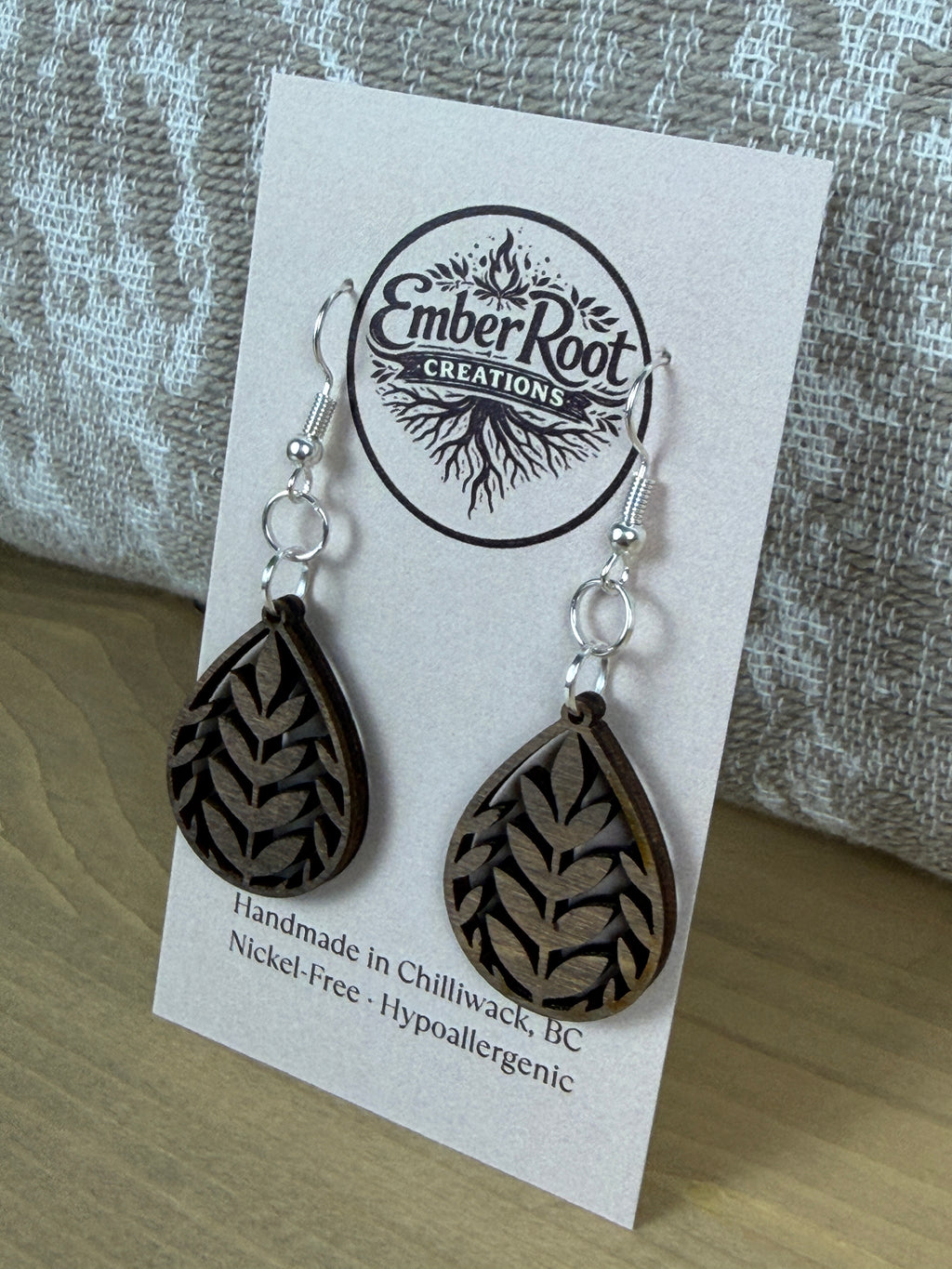 Botanical Wood Earrings: Laurel | Light, Dark & Green Stain | Gold or Silver Hardware