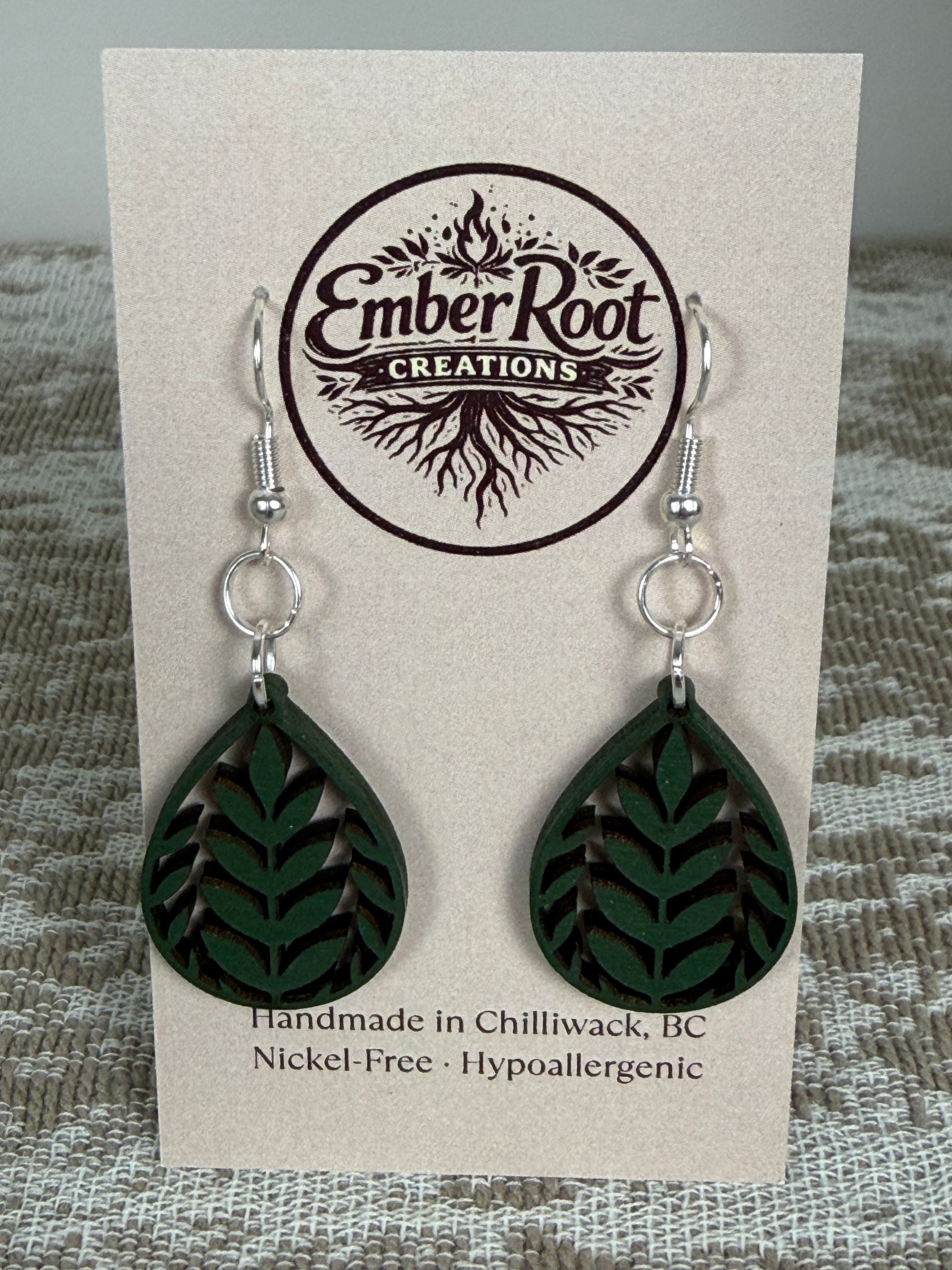 Botanical Wood Earrings: Laurel | Light, Dark & Green Stain | Gold or Silver Hardware