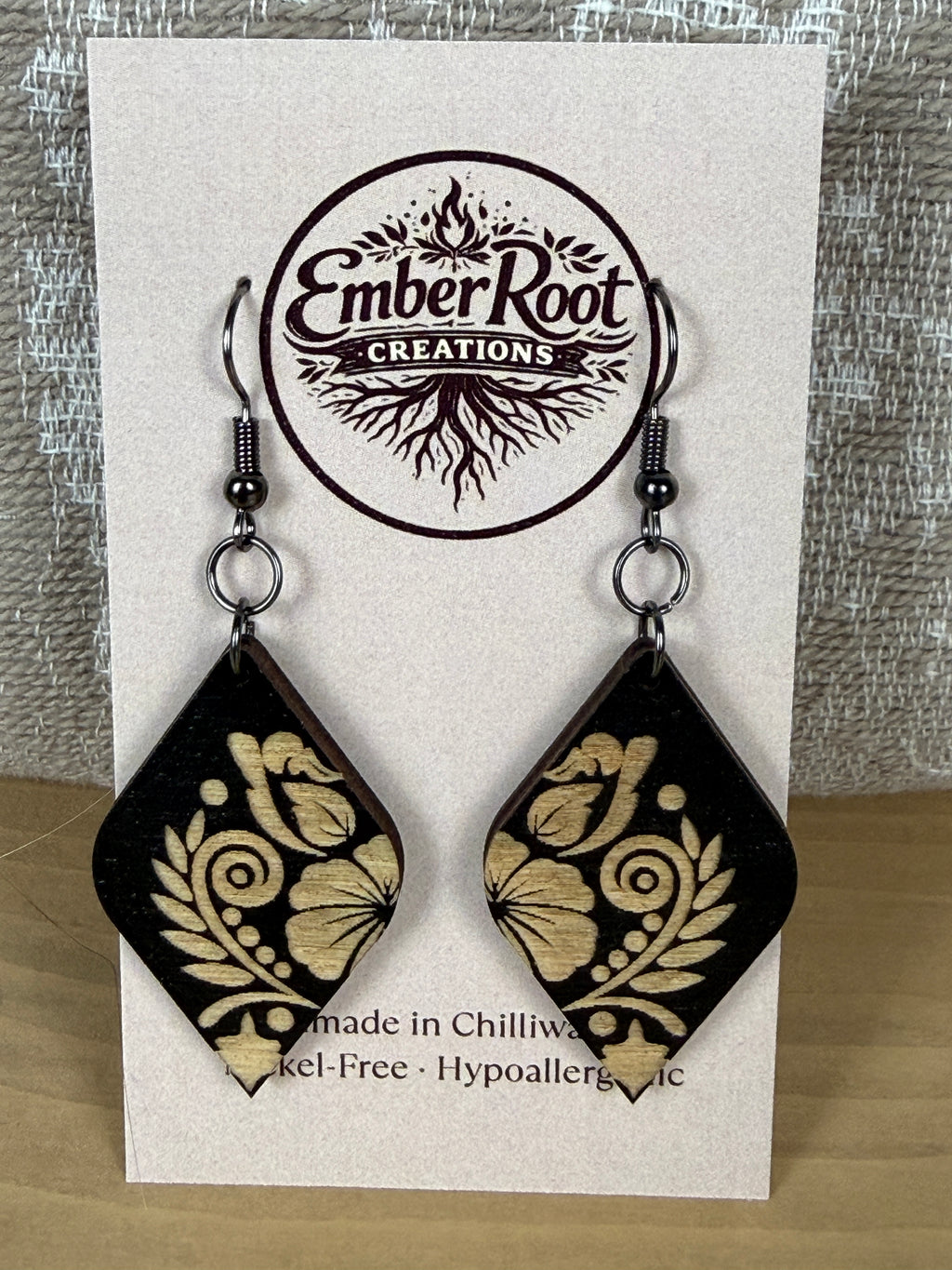 Black Botanical Vine Wood Earrings