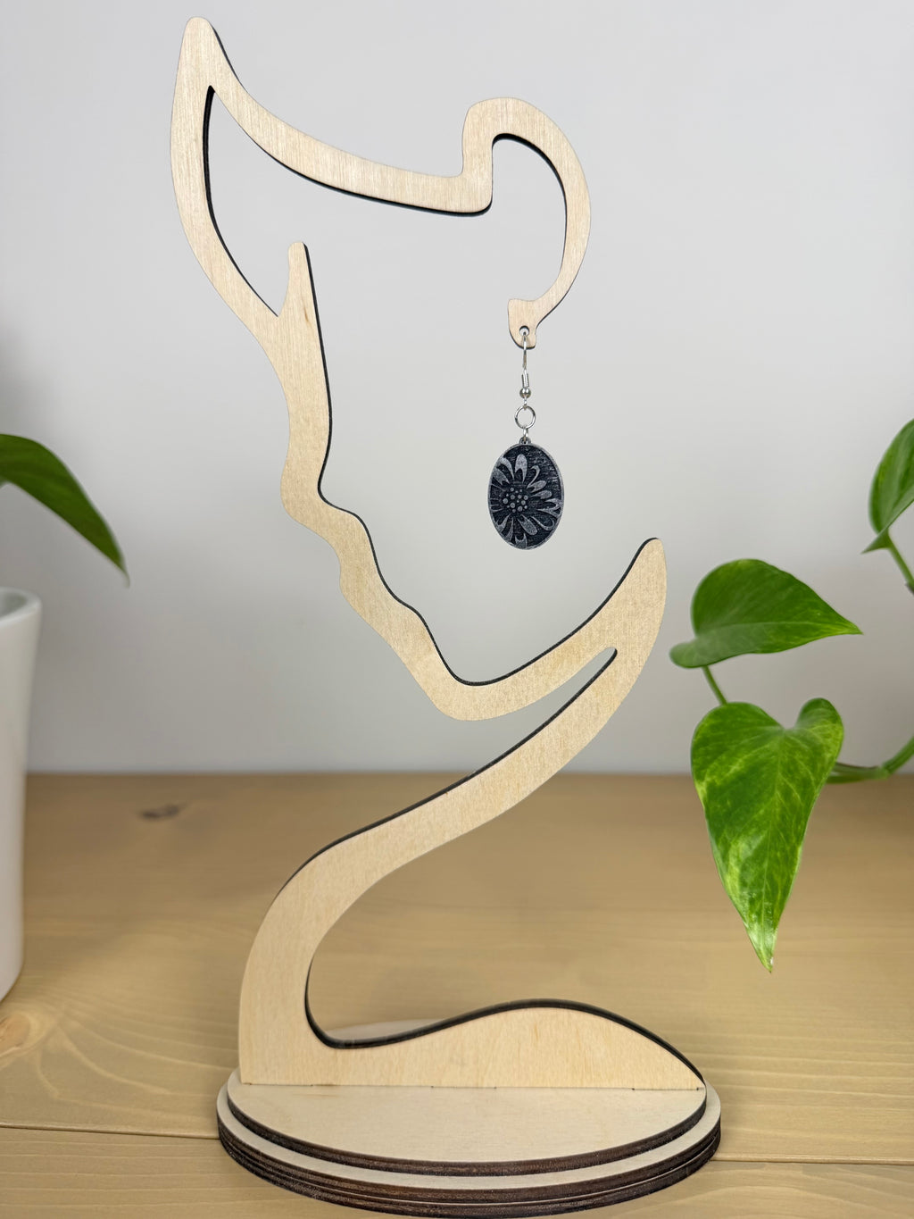 Botanical Oval Wood Earring - Metallic Finish