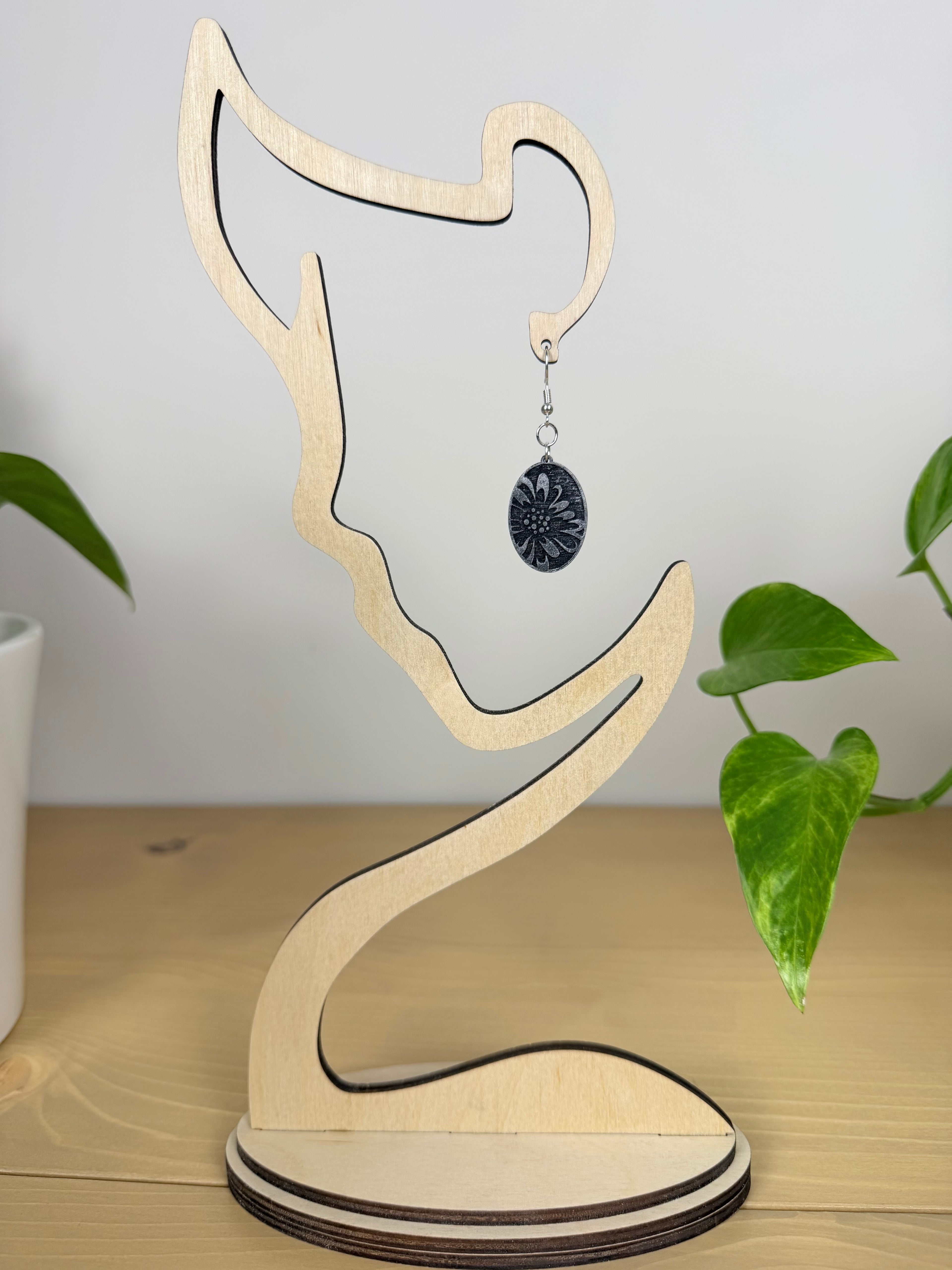 Botanical Oval Wood Earring - Metallic Finish