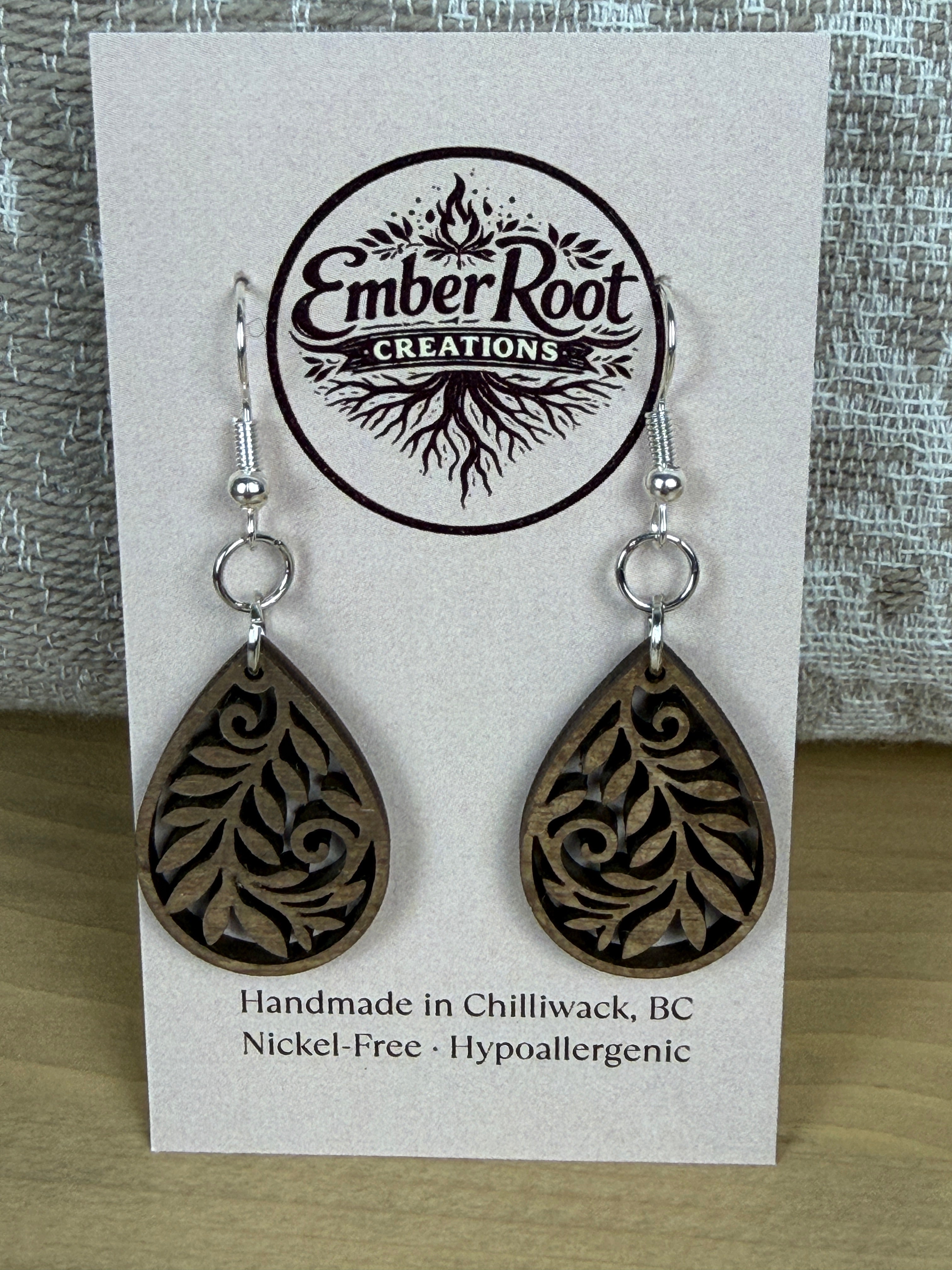 Botanical Wood Earrings: Petal | Light, Dark & Green Stain | Gold or Silver Hardware