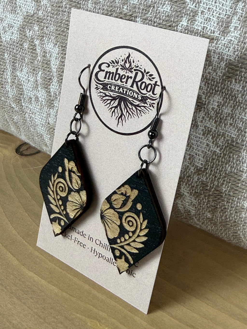Black Botanical Vine Wood Earrings