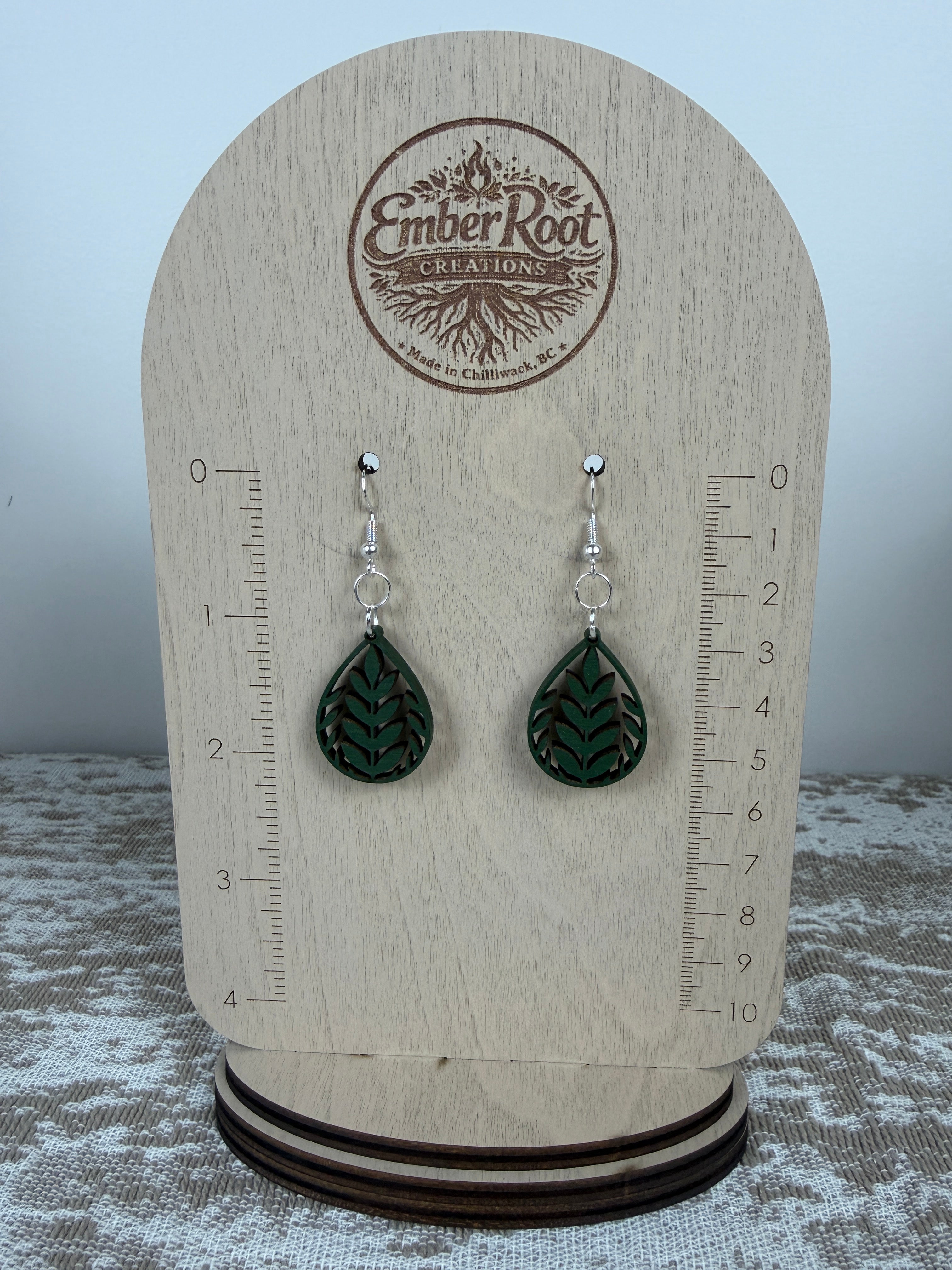 Botanical Wood Earrings: Laurel | Light, Dark & Green Stain | Gold or Silver Hardware