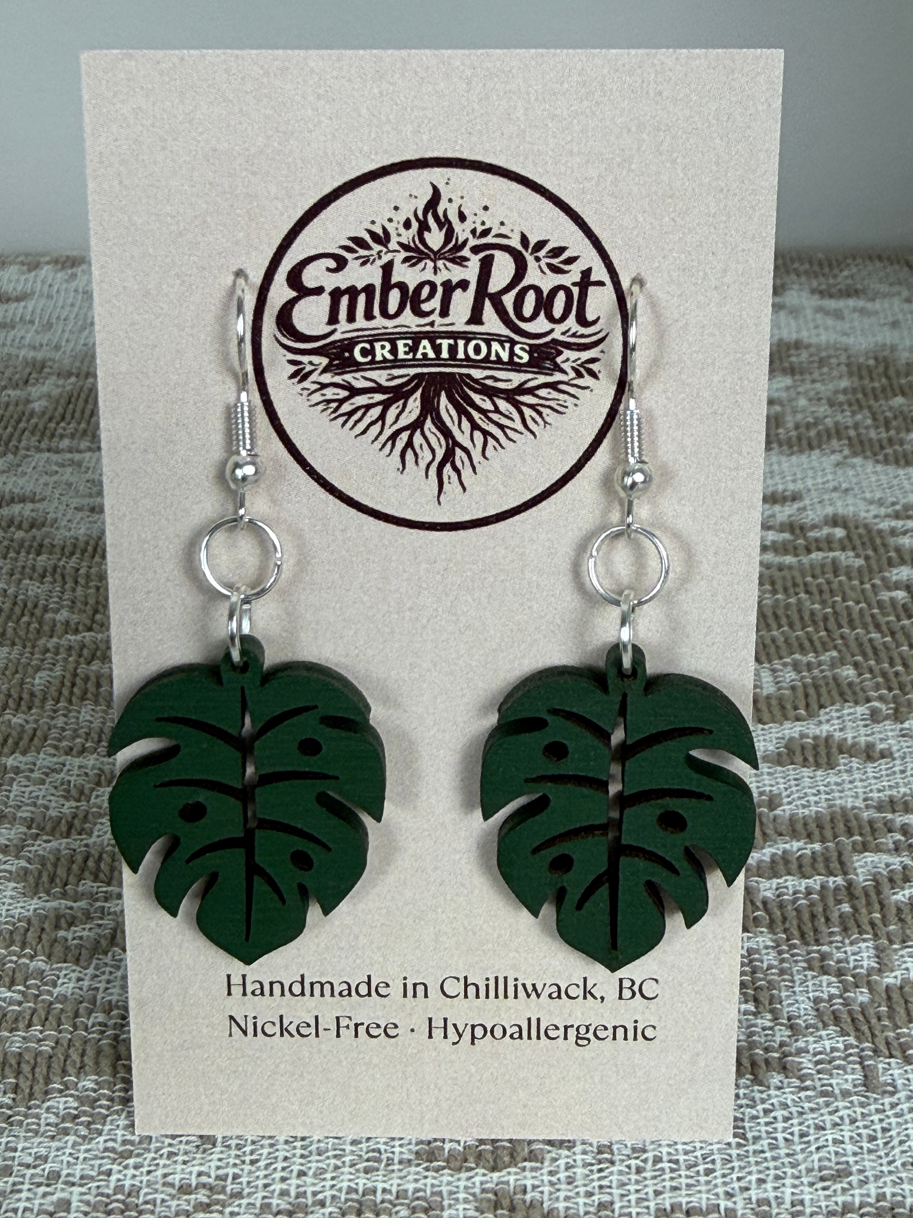 Botanical Wood Earrings: Monstera | Light, Dark & Green Stain | Gold or Silver Hardware