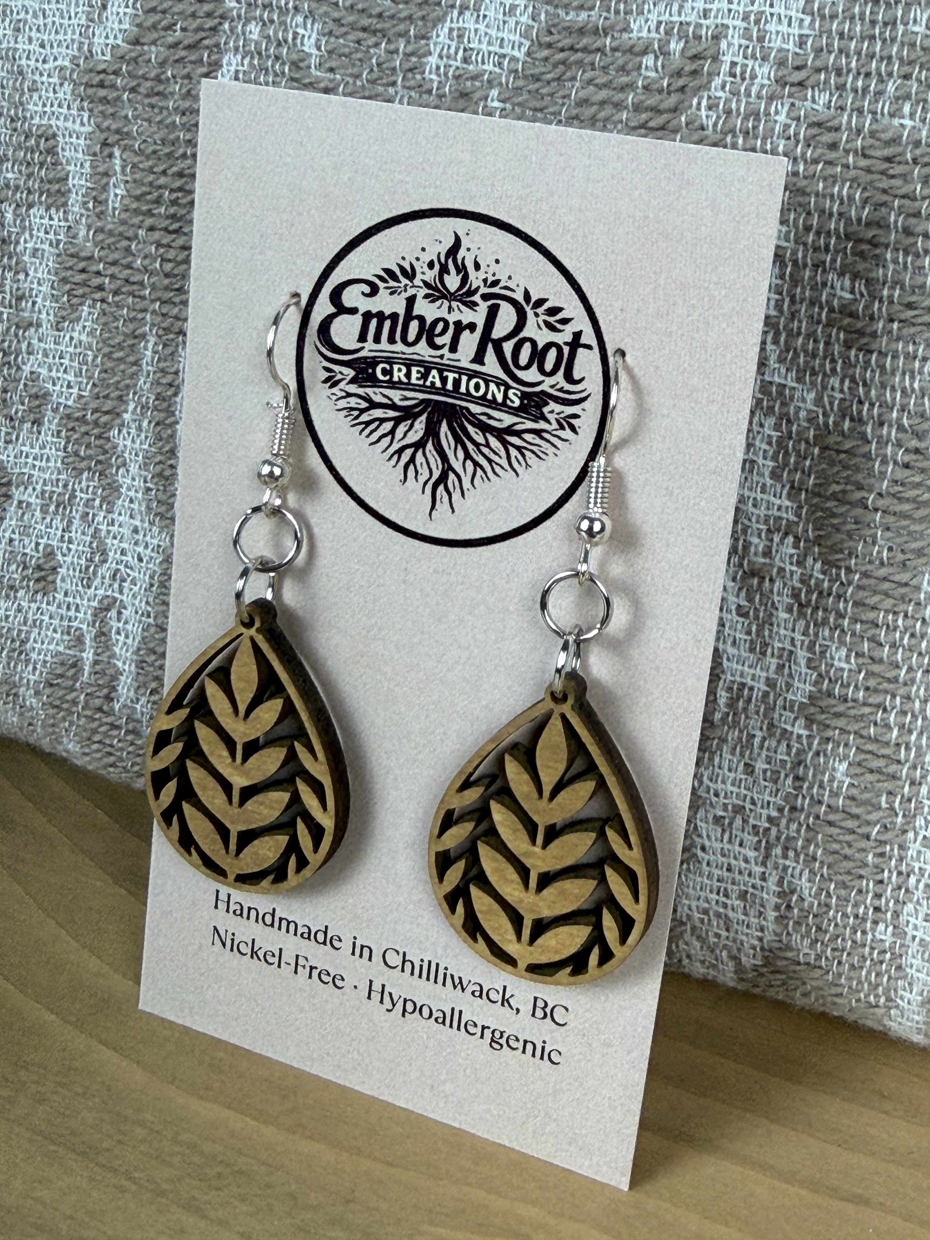 Botanical Wood Earrings: Laurel | Light, Dark & Green Stain | Gold or Silver Hardware