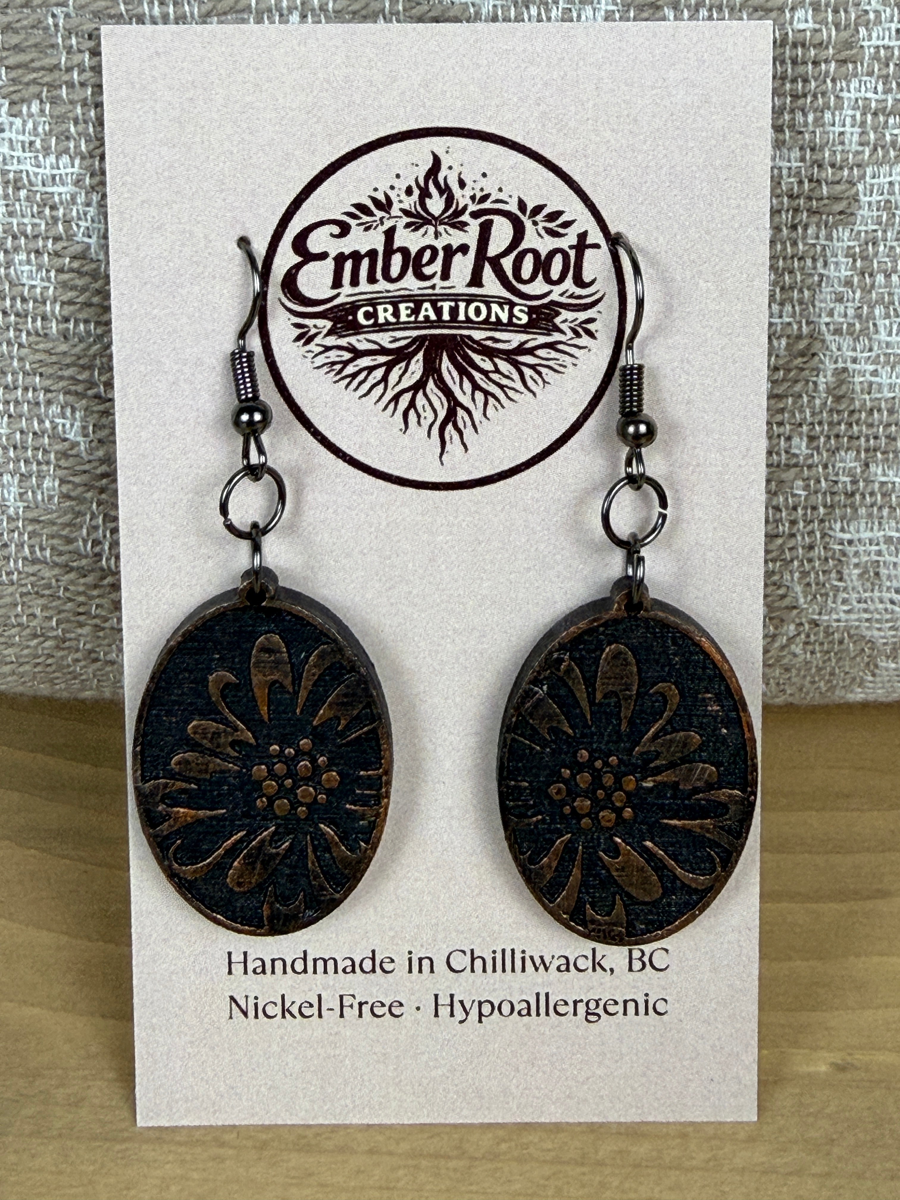 Botanical Oval Wood Earring - Metallic Finish