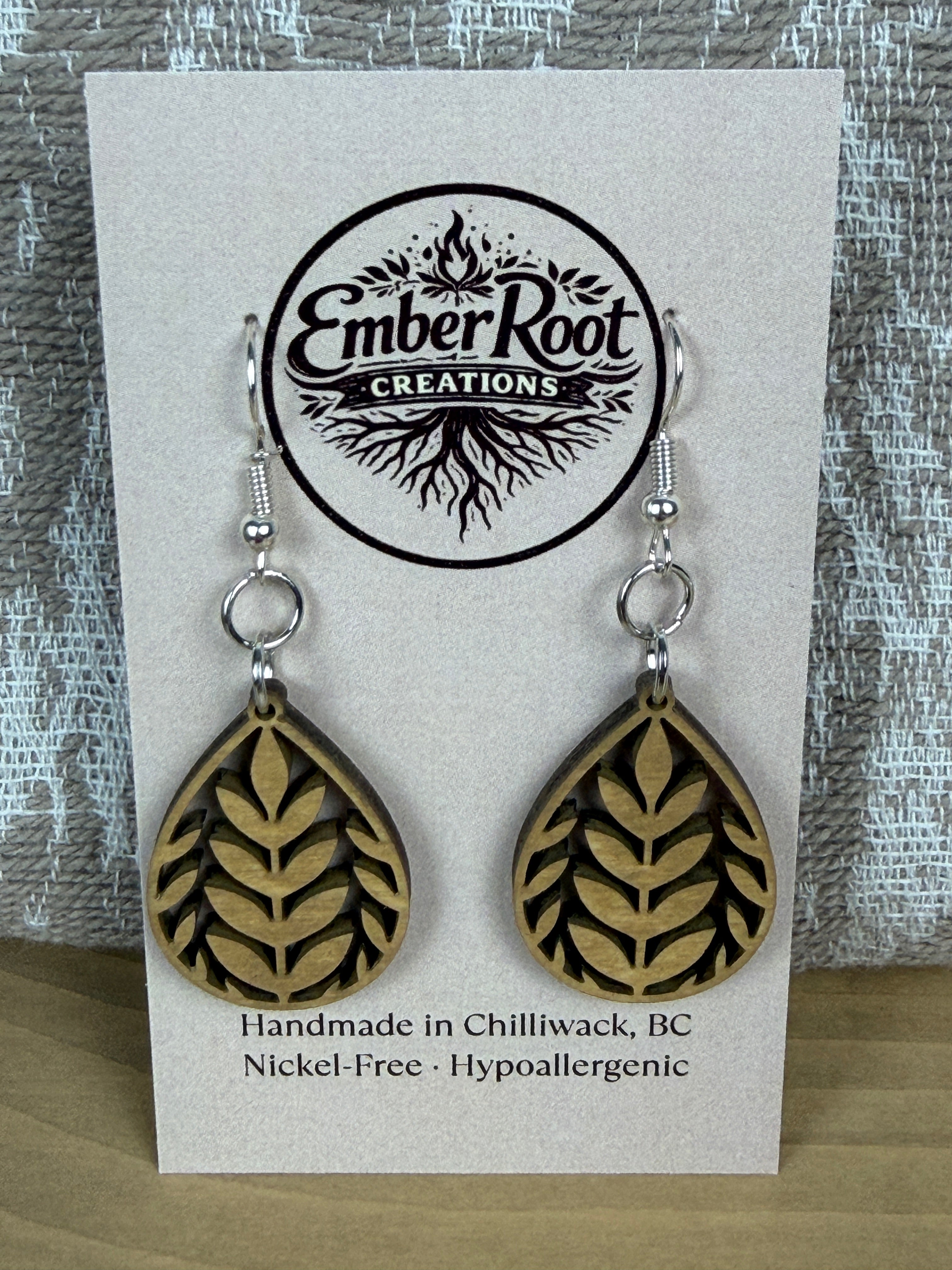 Botanical Wood Earrings: Laurel | Light, Dark & Green Stain | Gold or Silver Hardware