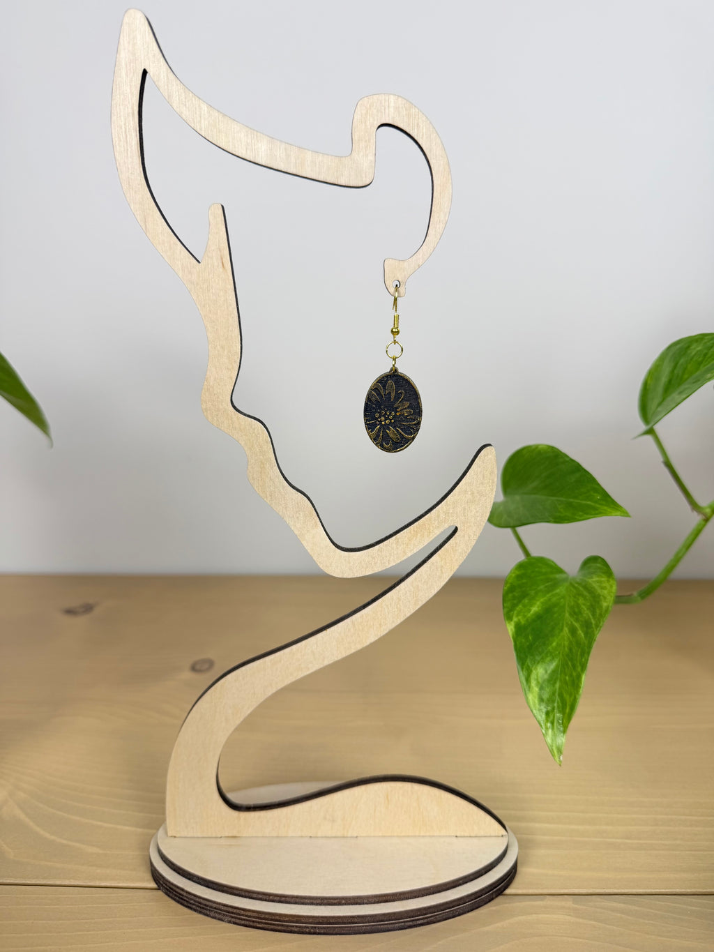 Botanical Oval Wood Earring - Metallic Finish