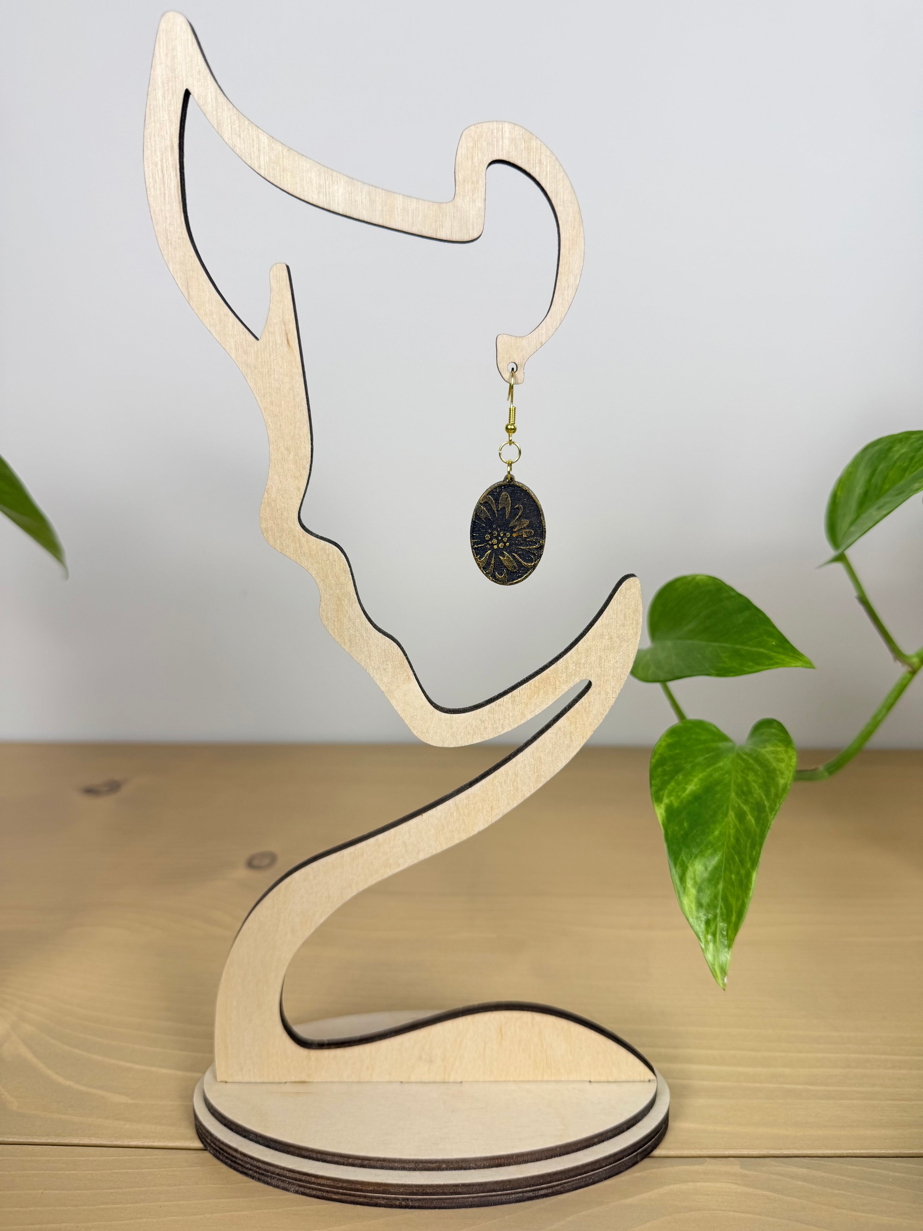 Botanical Oval Wood Earring - Metallic Finish
