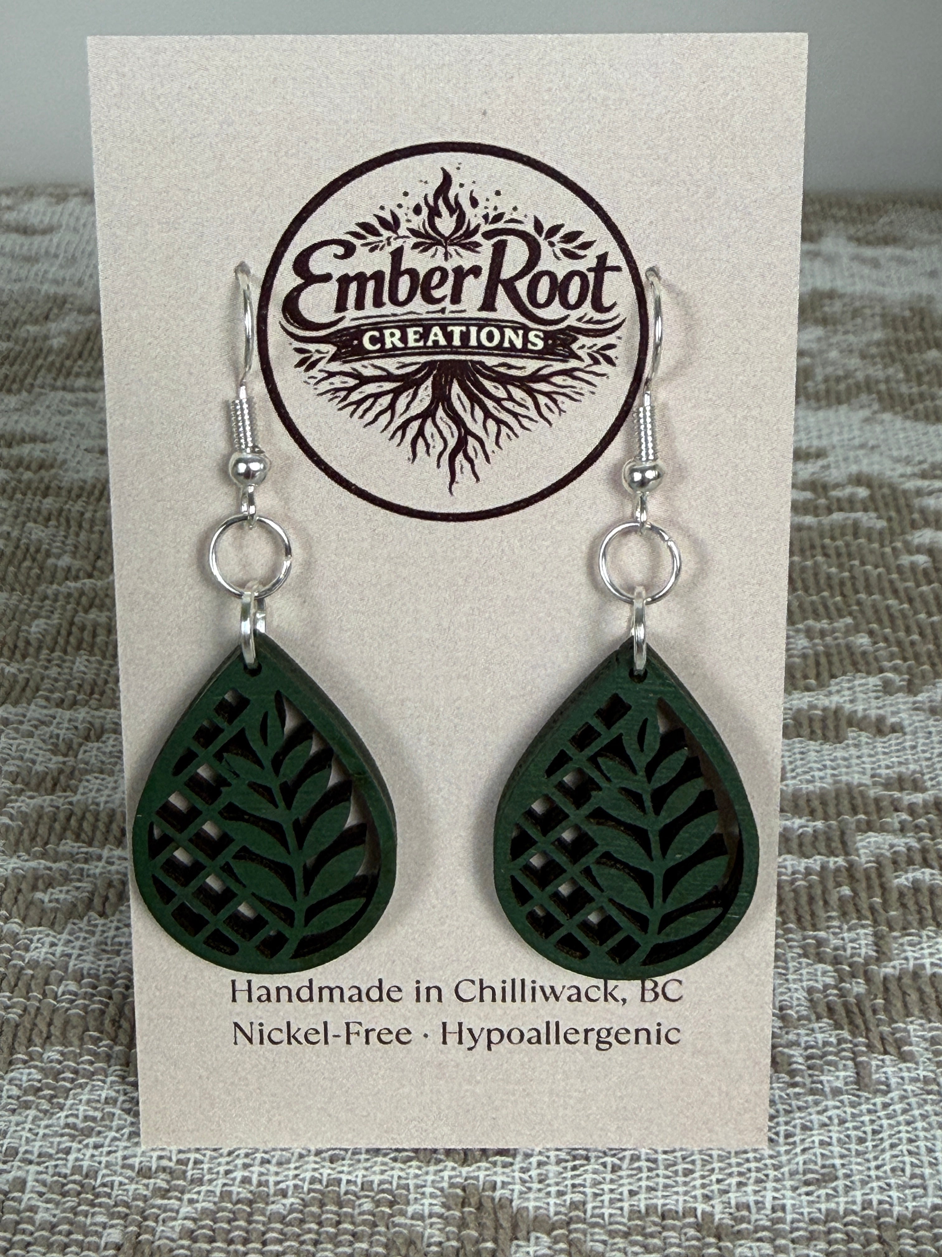 Botanical Wood Earrings: Fern | Light, Dark & Green Stain | Gold or Silver Hardware