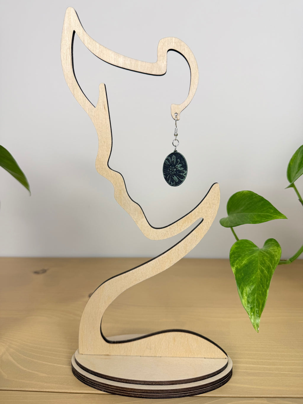 Botanical Oval Wood Earring - Metallic Finish