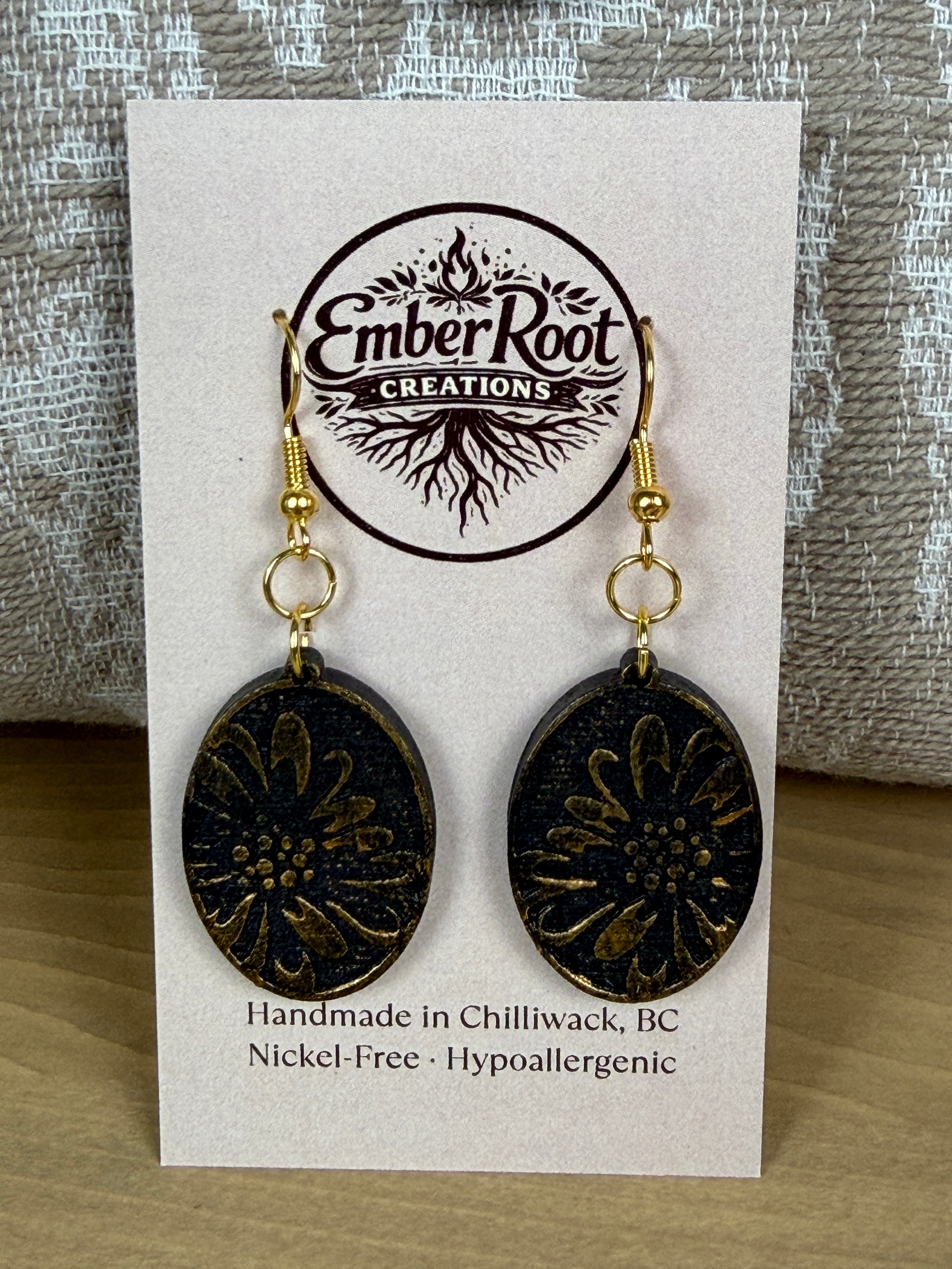 Botanical Oval Wood Earring - Metallic Finish