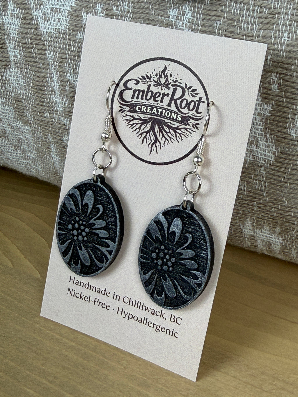 Botanical Oval Wood Earring - Metallic Finish
