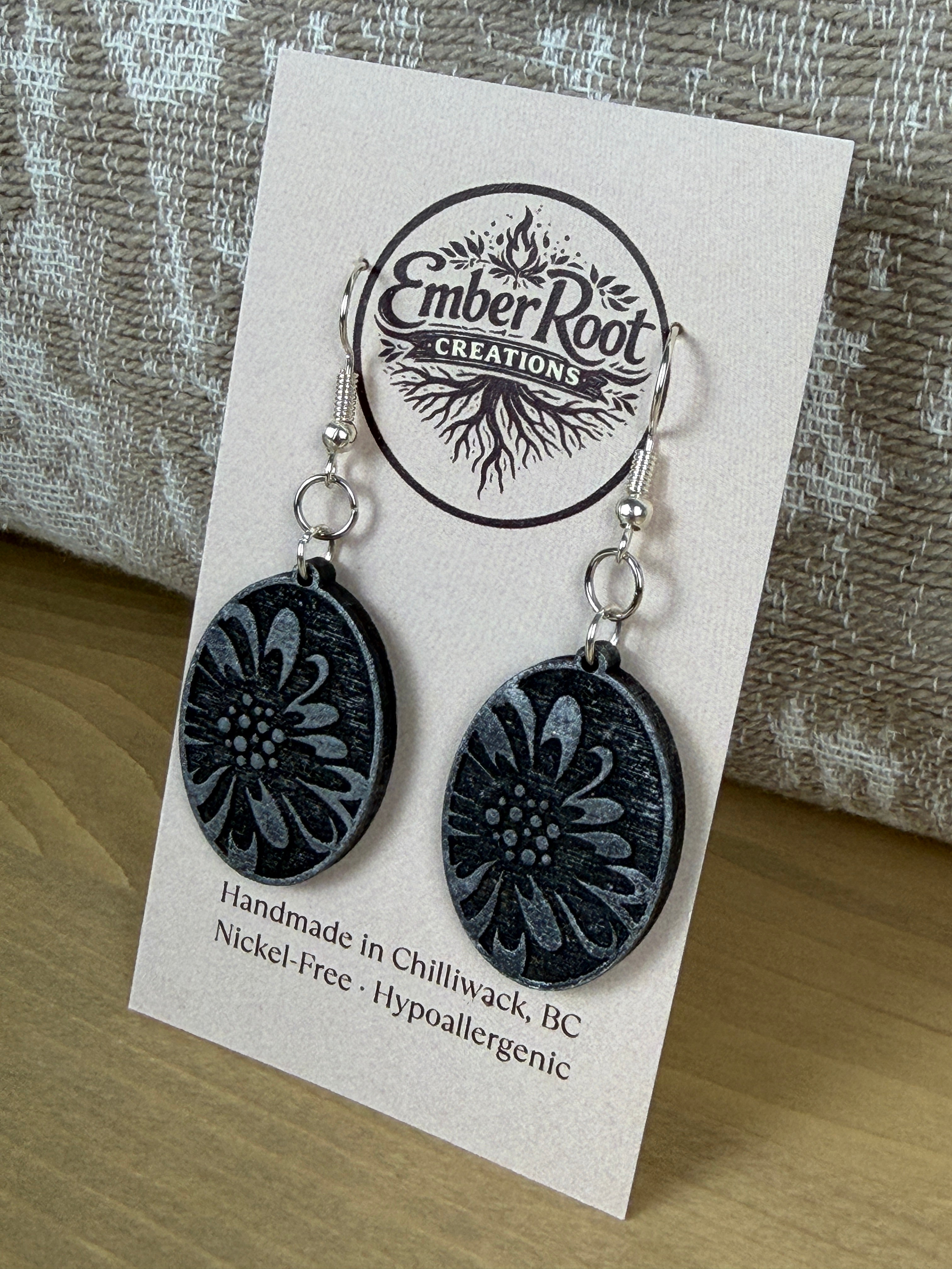 Botanical Oval Wood Earring - Metallic Finish