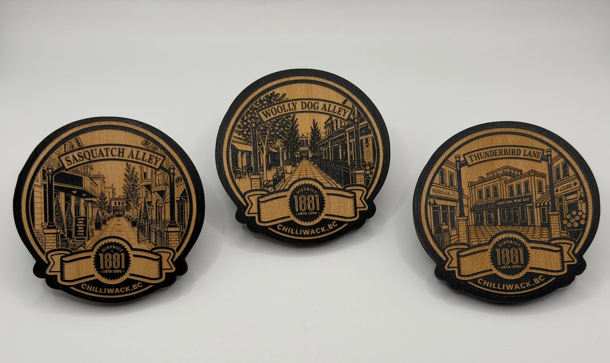 District 1881 Keepsake Magnet - Chilliwack, BC

(Variants: Sasquatch Alley, Woolly Dog Alley, Thunderbird Lane)