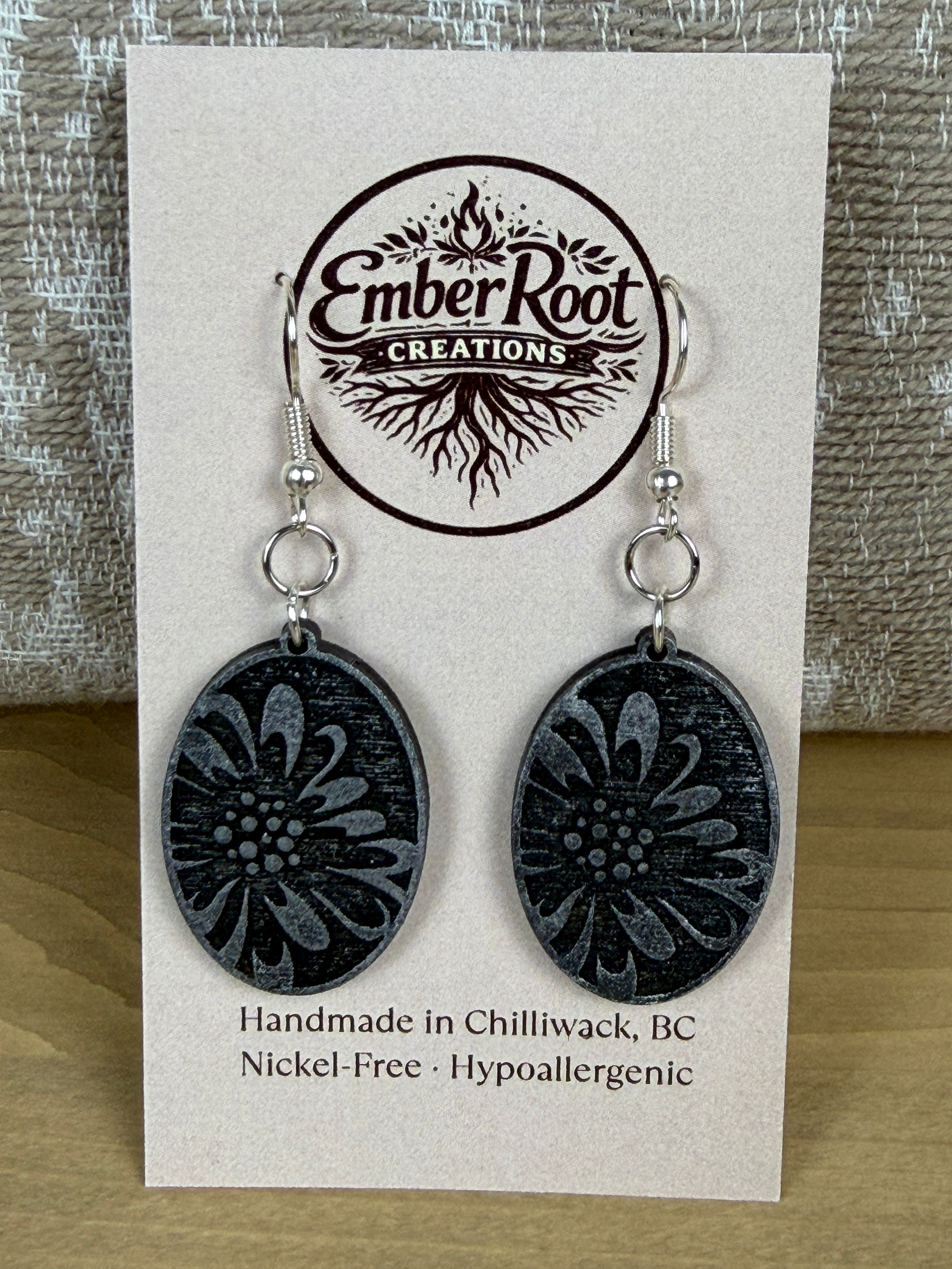 Botanical Oval Wood Earring - Metallic Finish