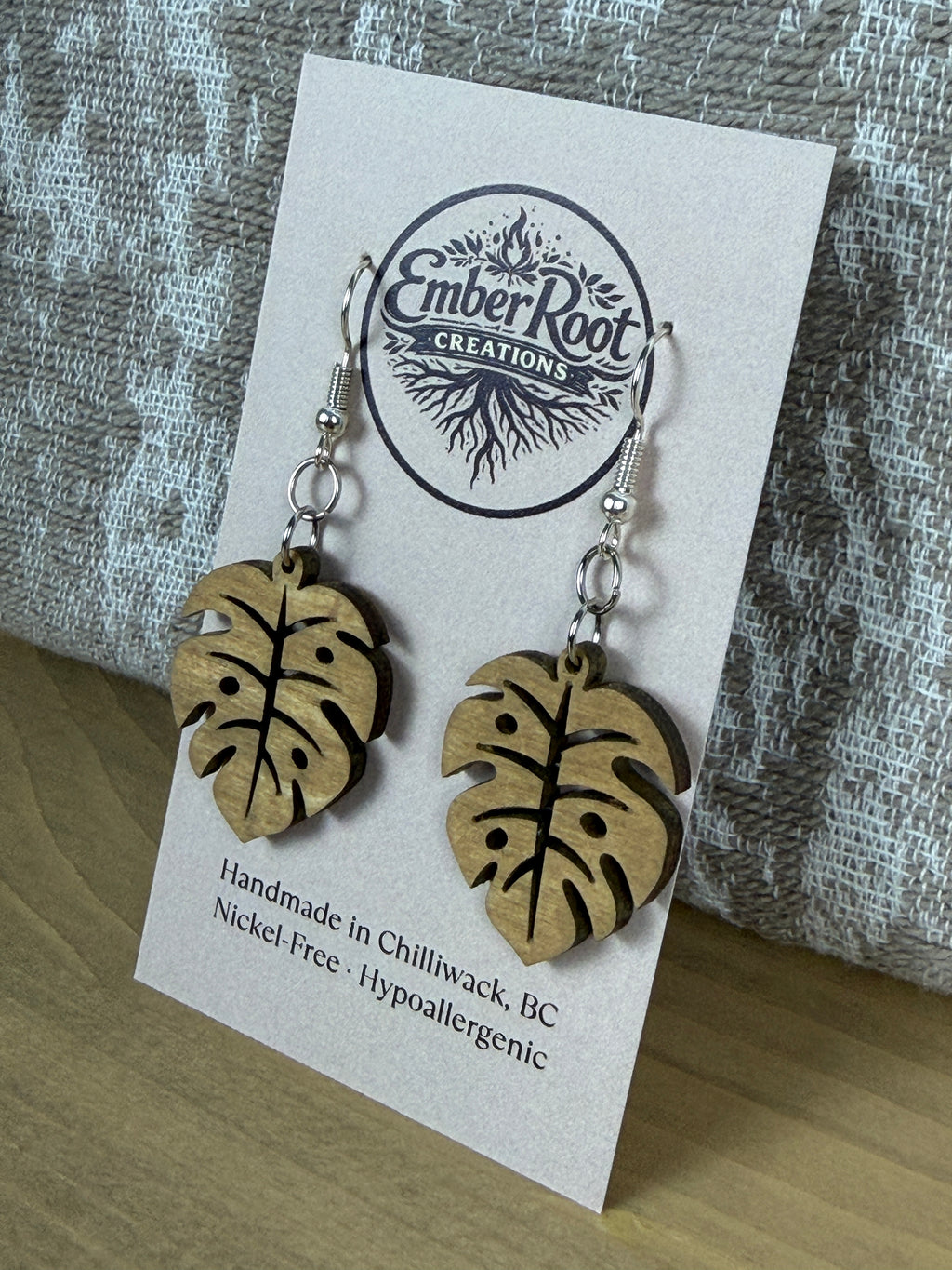 Botanical Wood Earrings: Monstera | Light, Dark & Green Stain | Gold or Silver Hardware