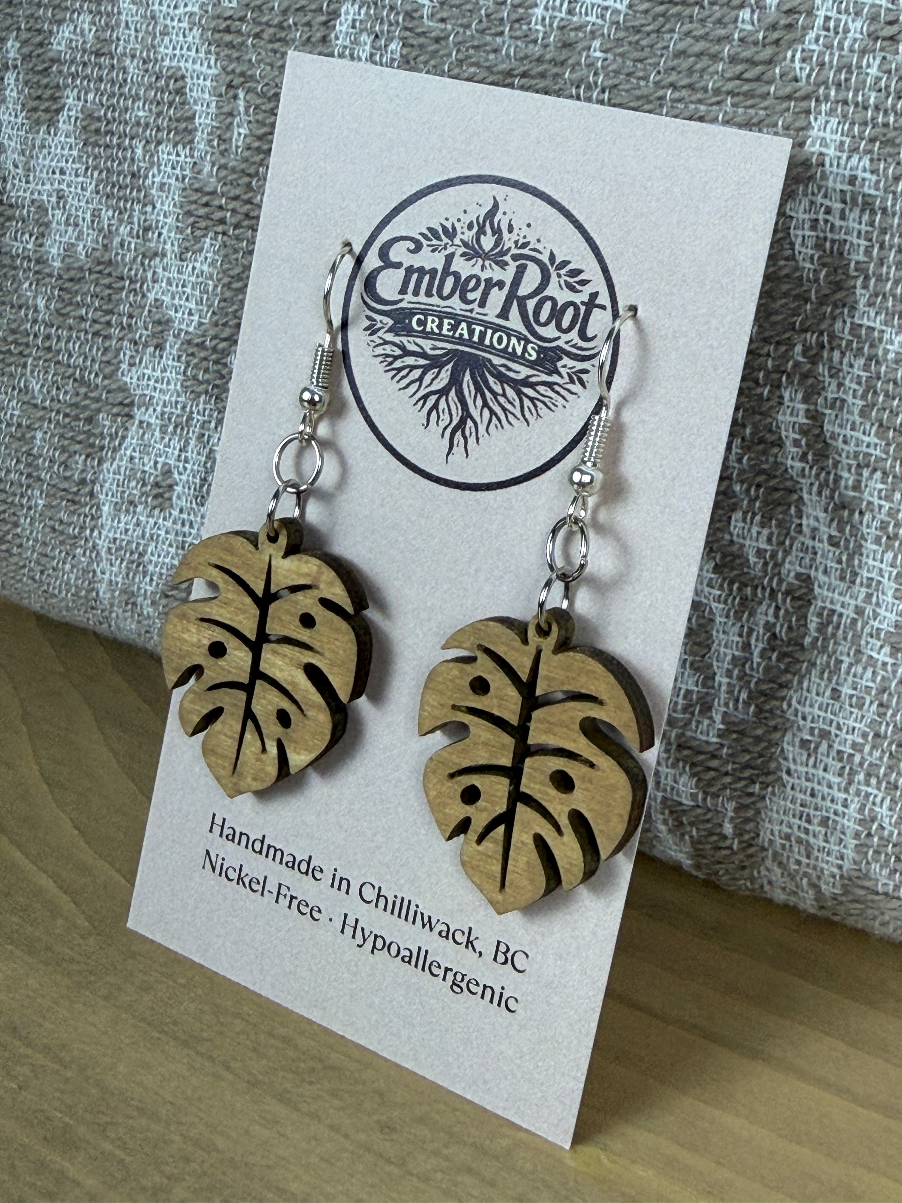 Botanical Wood Earrings: Monstera | Light, Dark & Green Stain | Gold or Silver Hardware