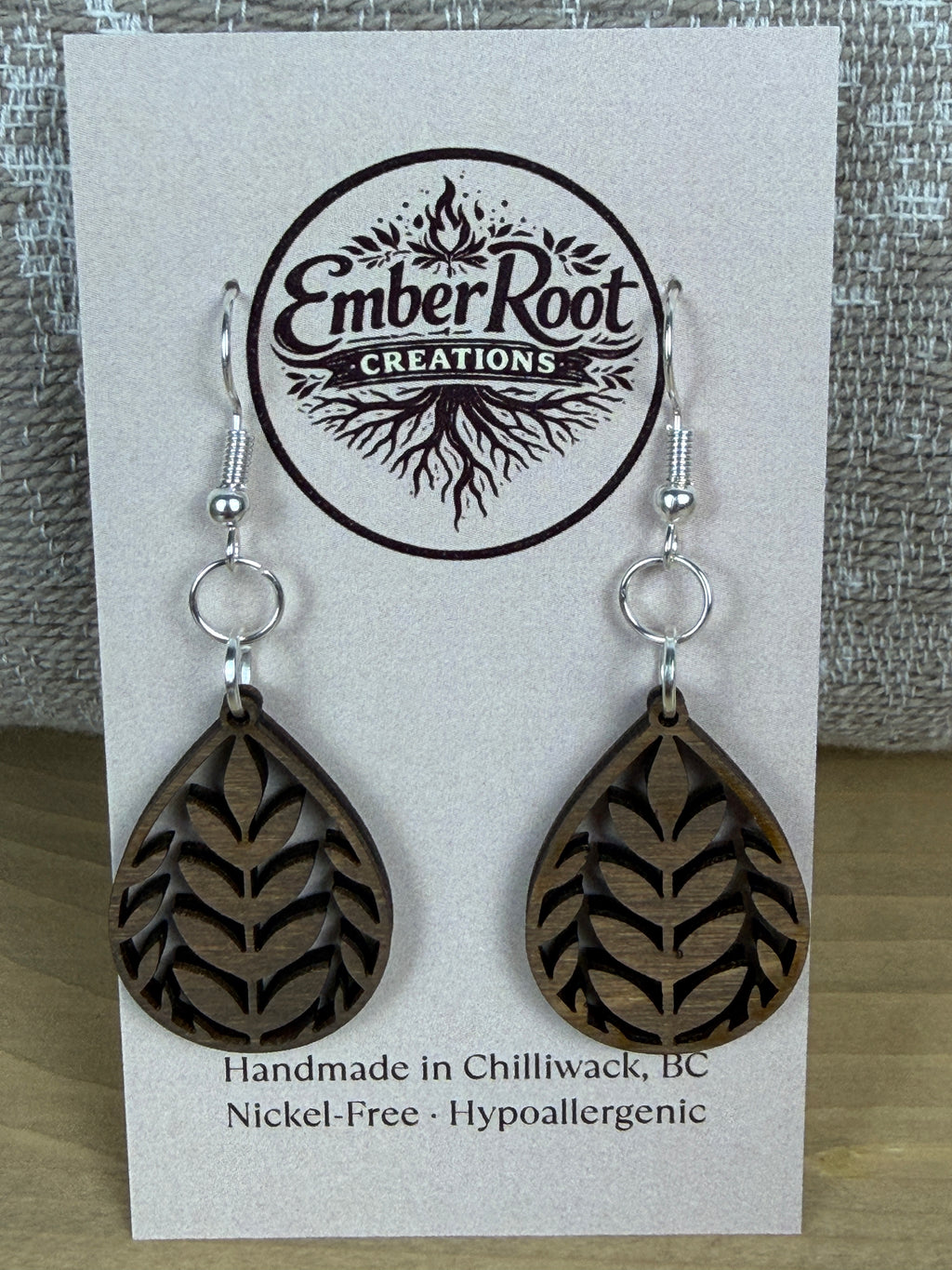 Botanical Wood Earrings: Laurel | Light, Dark & Green Stain | Gold or Silver Hardware