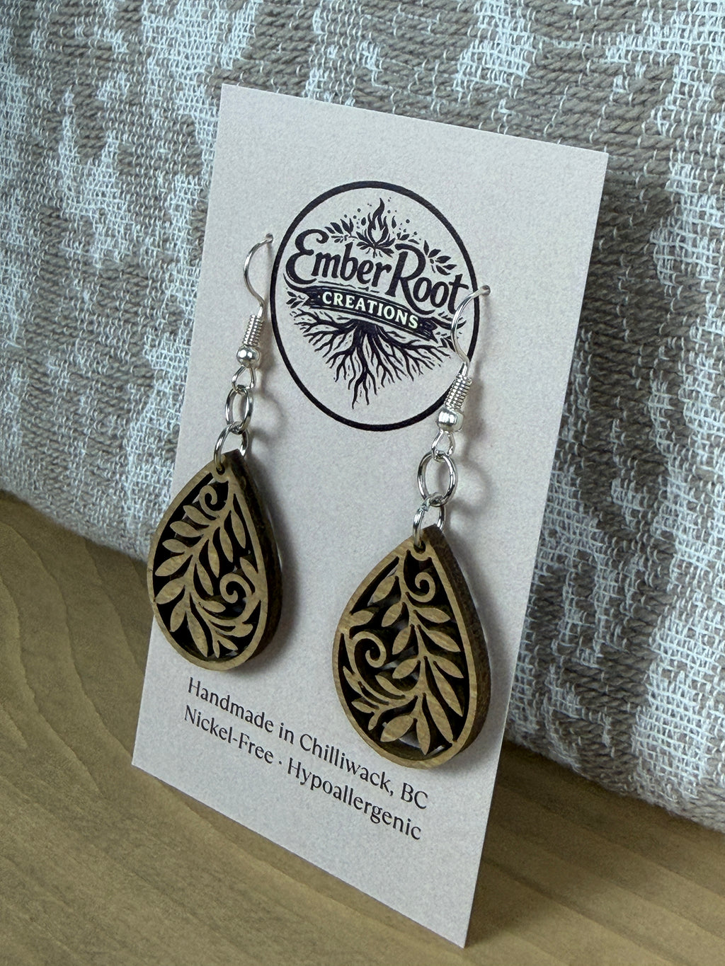 Botanical Wood Earrings: Petal | Light, Dark & Green Stain | Gold or Silver Hardware