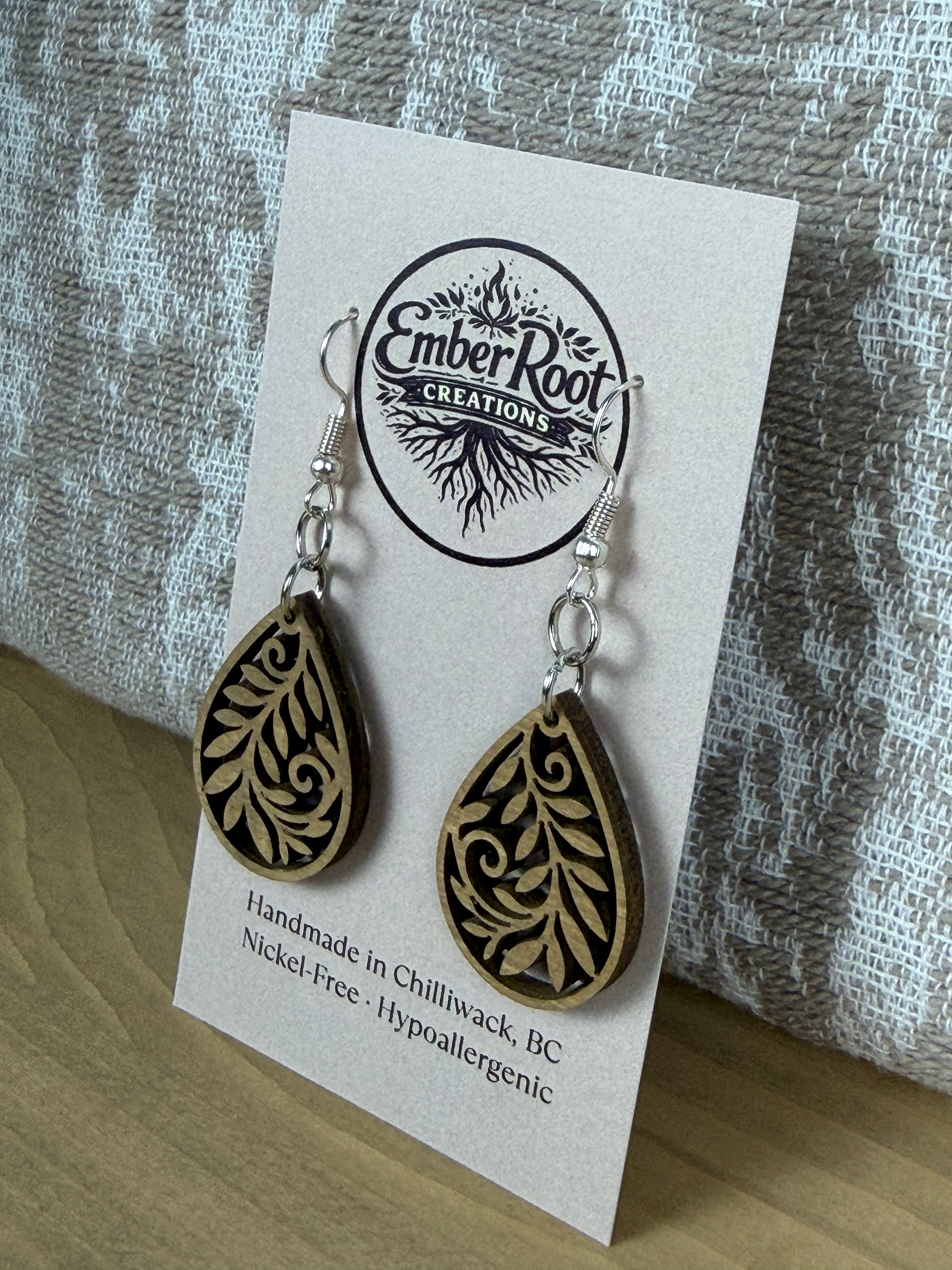 Botanical Wood Earrings: Petal | Light, Dark & Green Stain | Gold or Silver Hardware
