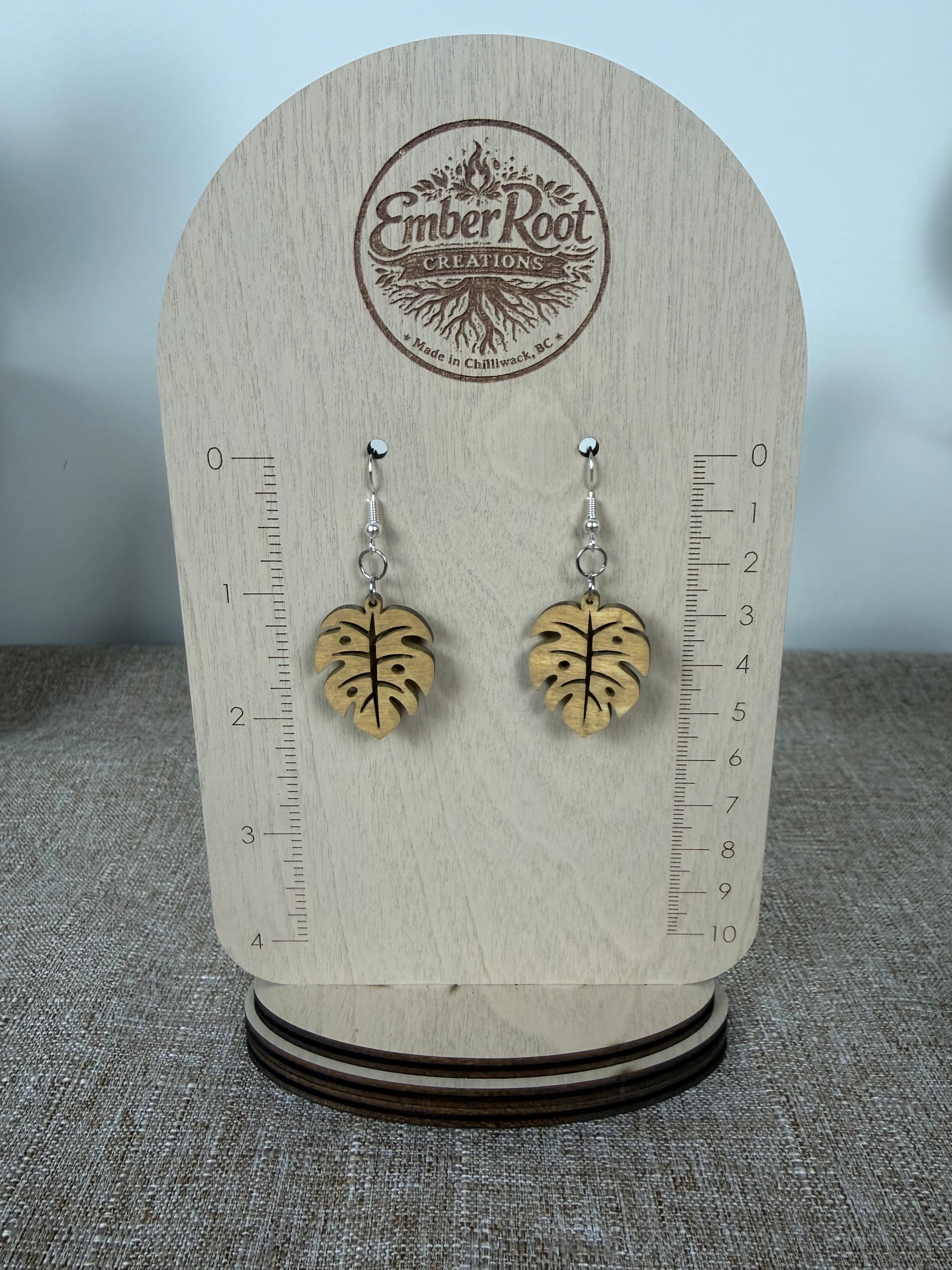 Botanical Wood Earrings: Monstera | Light, Dark & Green Stain | Gold or Silver Hardware