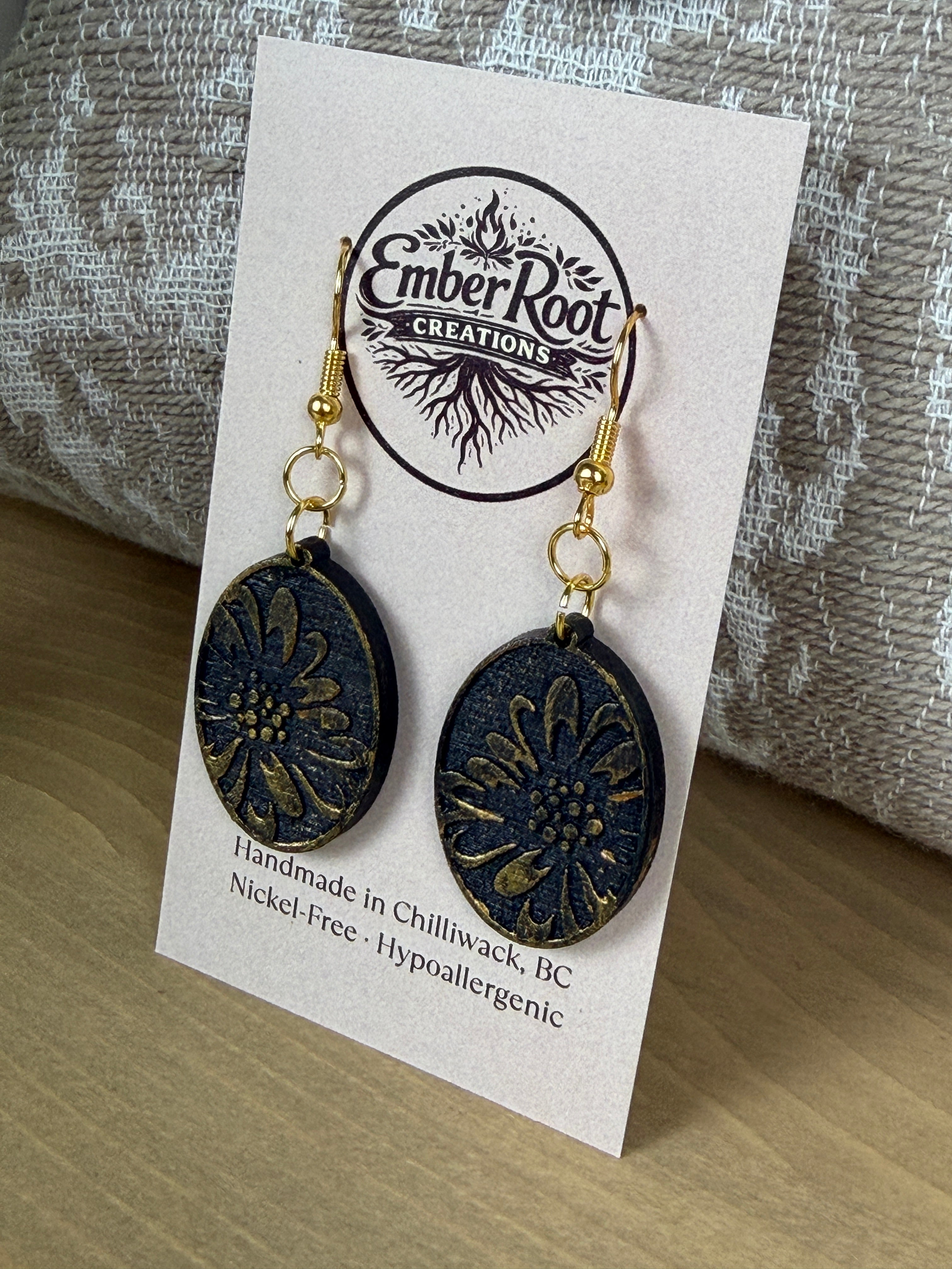 Botanical Oval Wood Earring - Metallic Finish