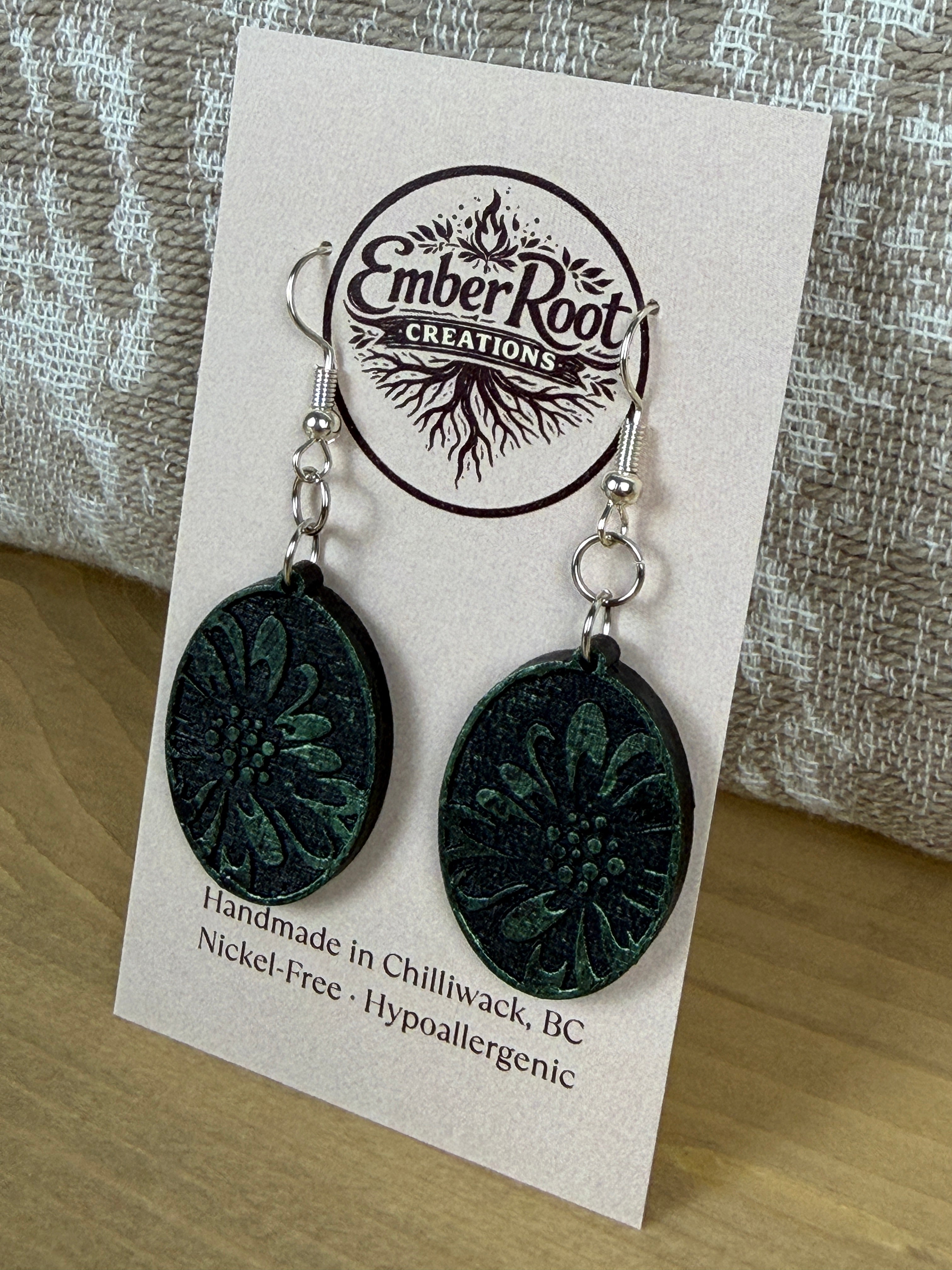 Botanical Oval Wood Earring - Metallic Finish