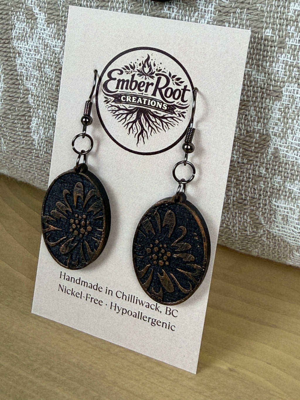 Botanical Oval Wood Earring - Metallic Finish