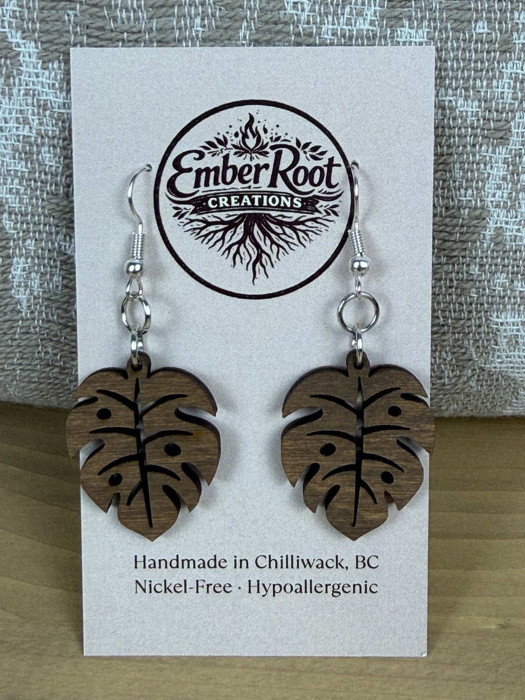 Botanical Wood Earrings: Monstera | Light, Dark & Green Stain | Gold or Silver Hardware
