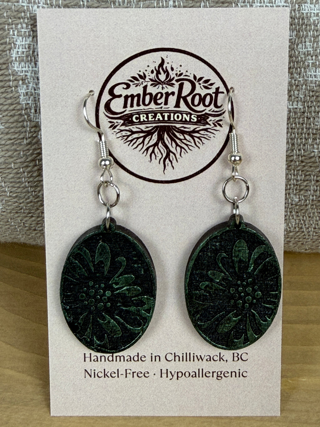 Botanical Oval Wood Earring - Metallic Finish