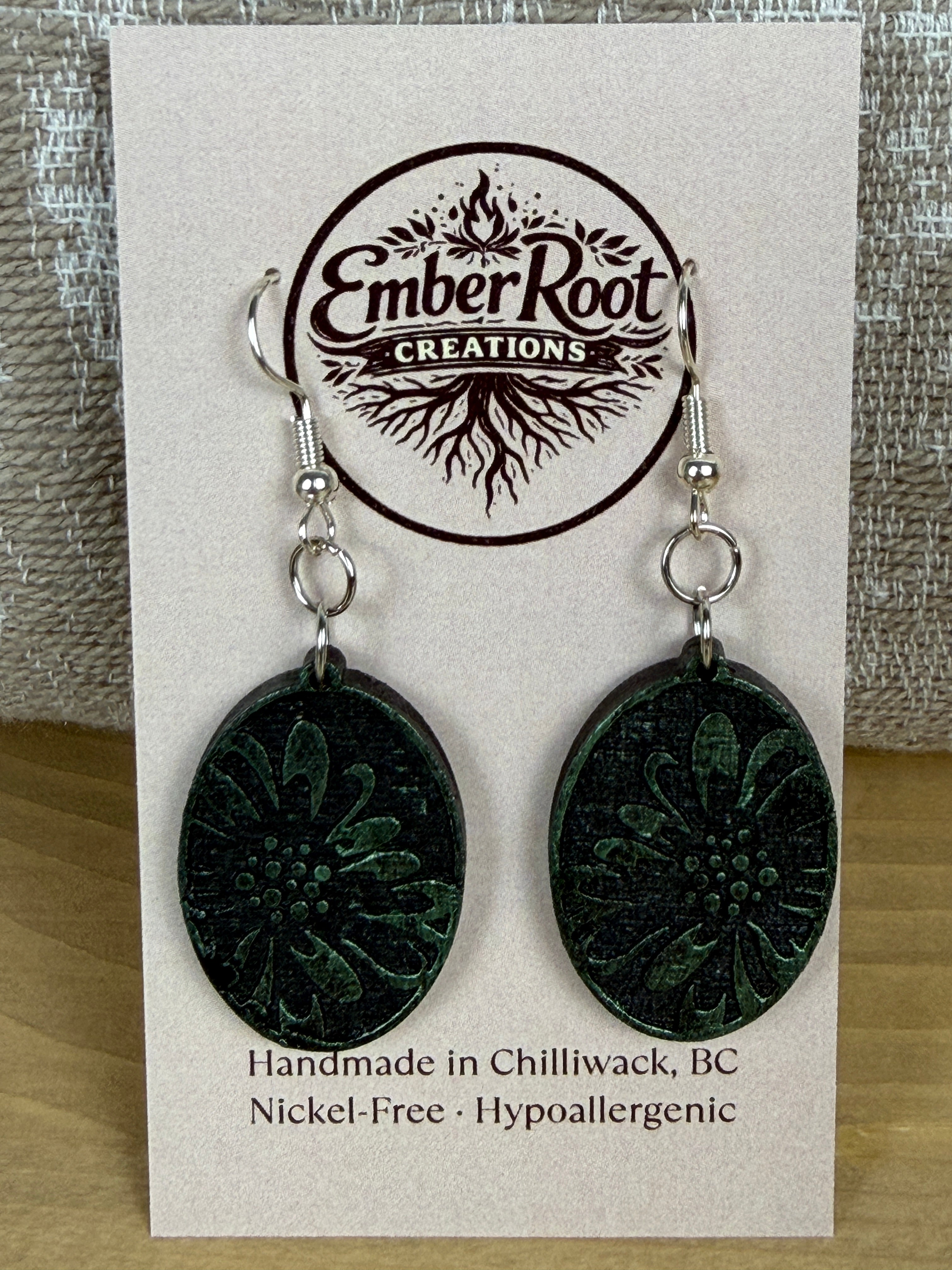Botanical Oval Wood Earring - Metallic Finish
