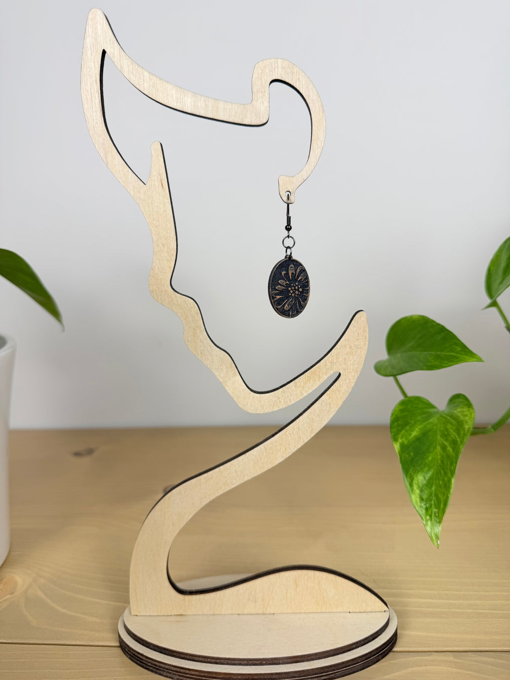 Botanical Oval Wood Earring - Metallic Finish
