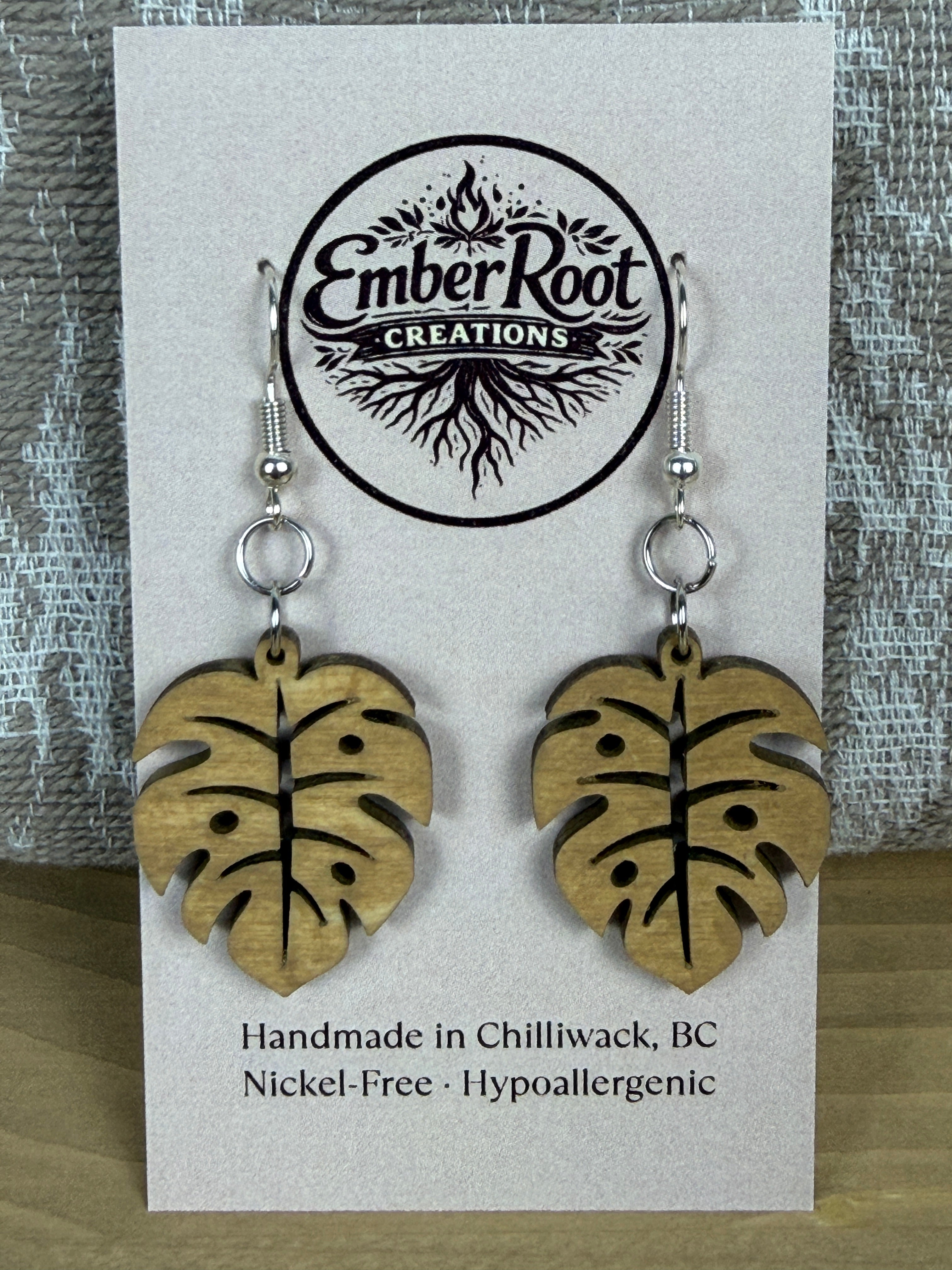 Botanical Wood Earrings: Monstera | Light, Dark & Green Stain | Gold or Silver Hardware