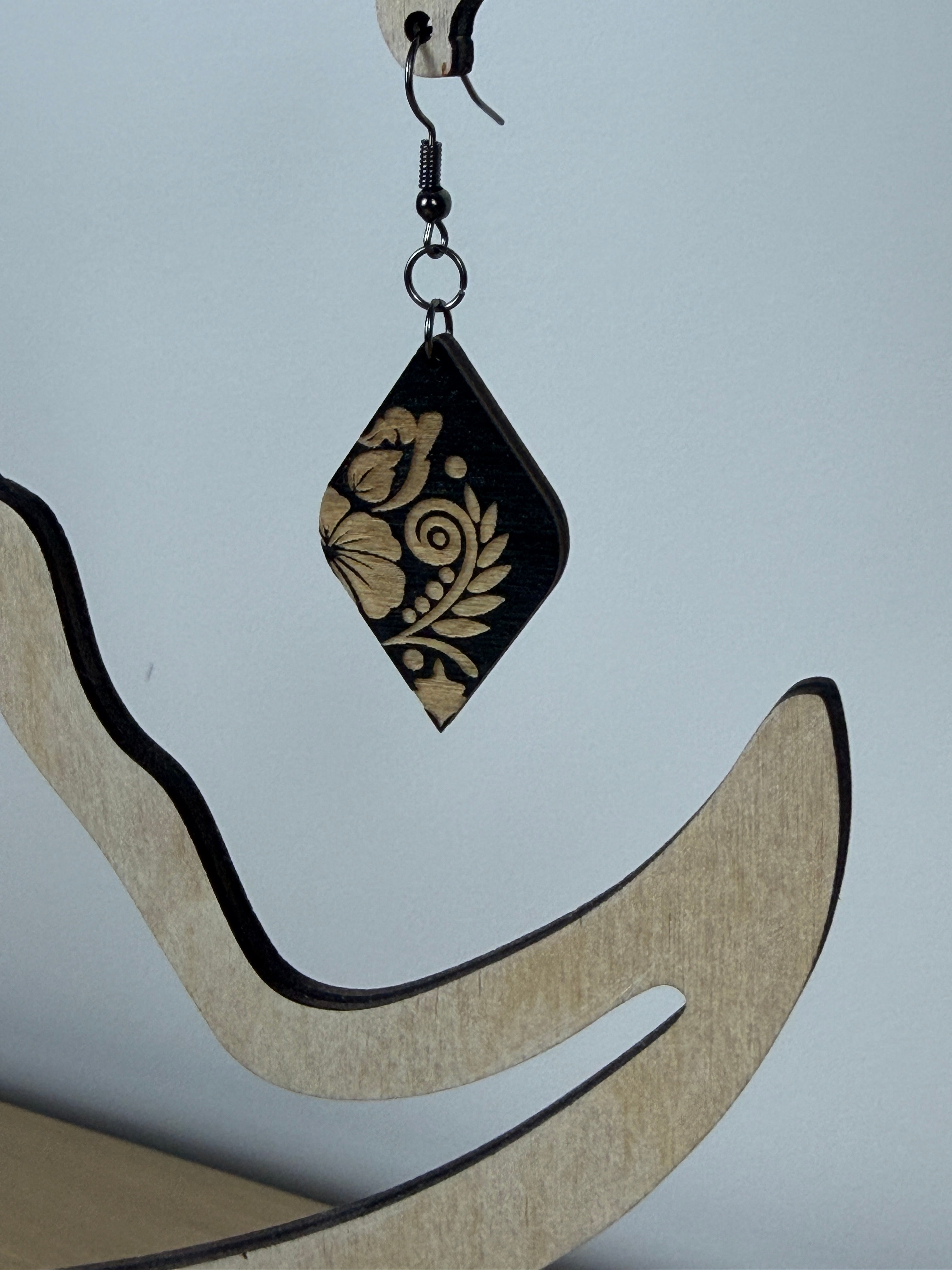 Black Botanical Vine Wood Earrings